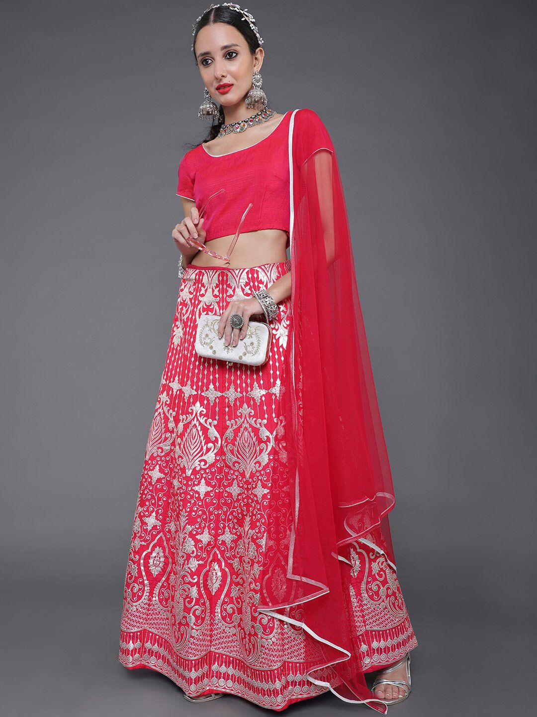 saubhagya Pink & Silver-Toned Printed Ready to Wear Lehenga & Blouse With Dupatta Price in India