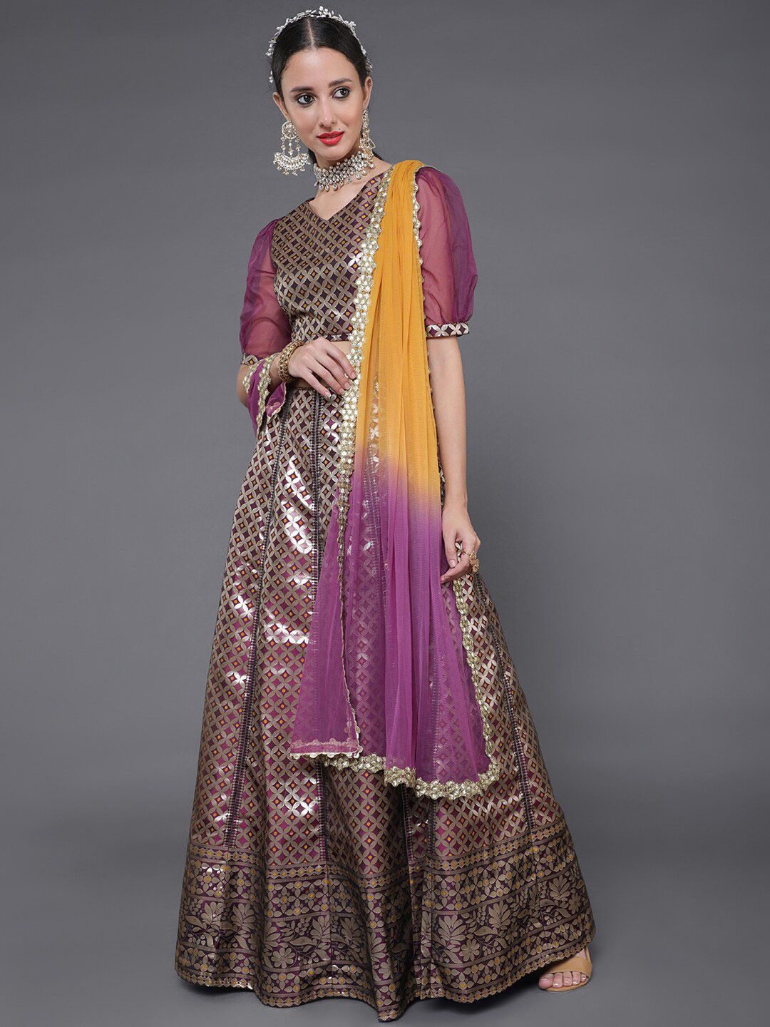saubhagya Purple & Orange Mirror Work Ready to Wear Lehenga & Blouse With Dupatta Price in India