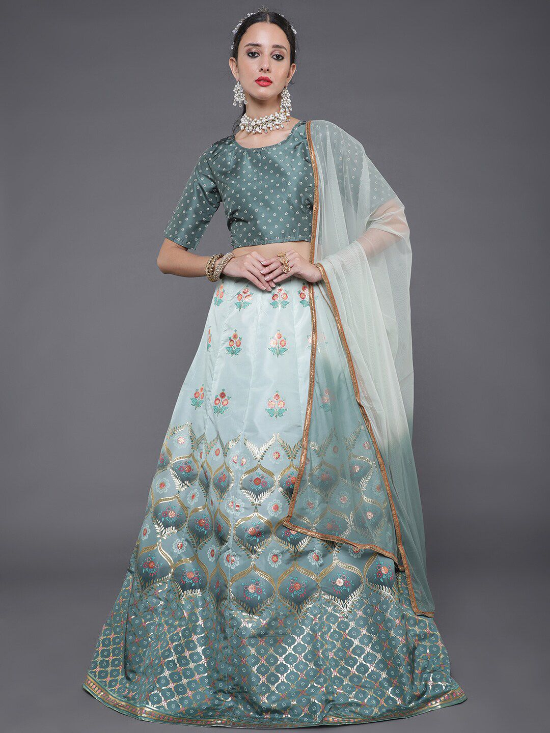 saubhagya Green & Gold-Toned Ready to Wear Lehenga & Blouse With Dupatta Price in India