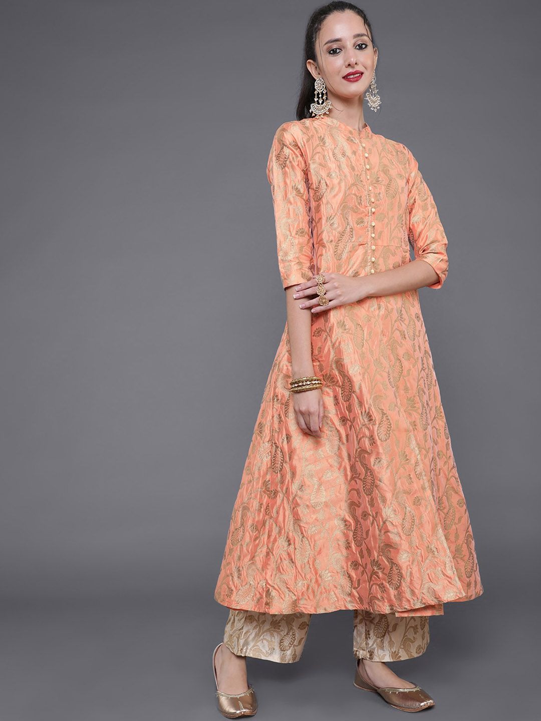 saubhagya Women Peach-Coloured Floral Longline Tailored Jacket Price in India