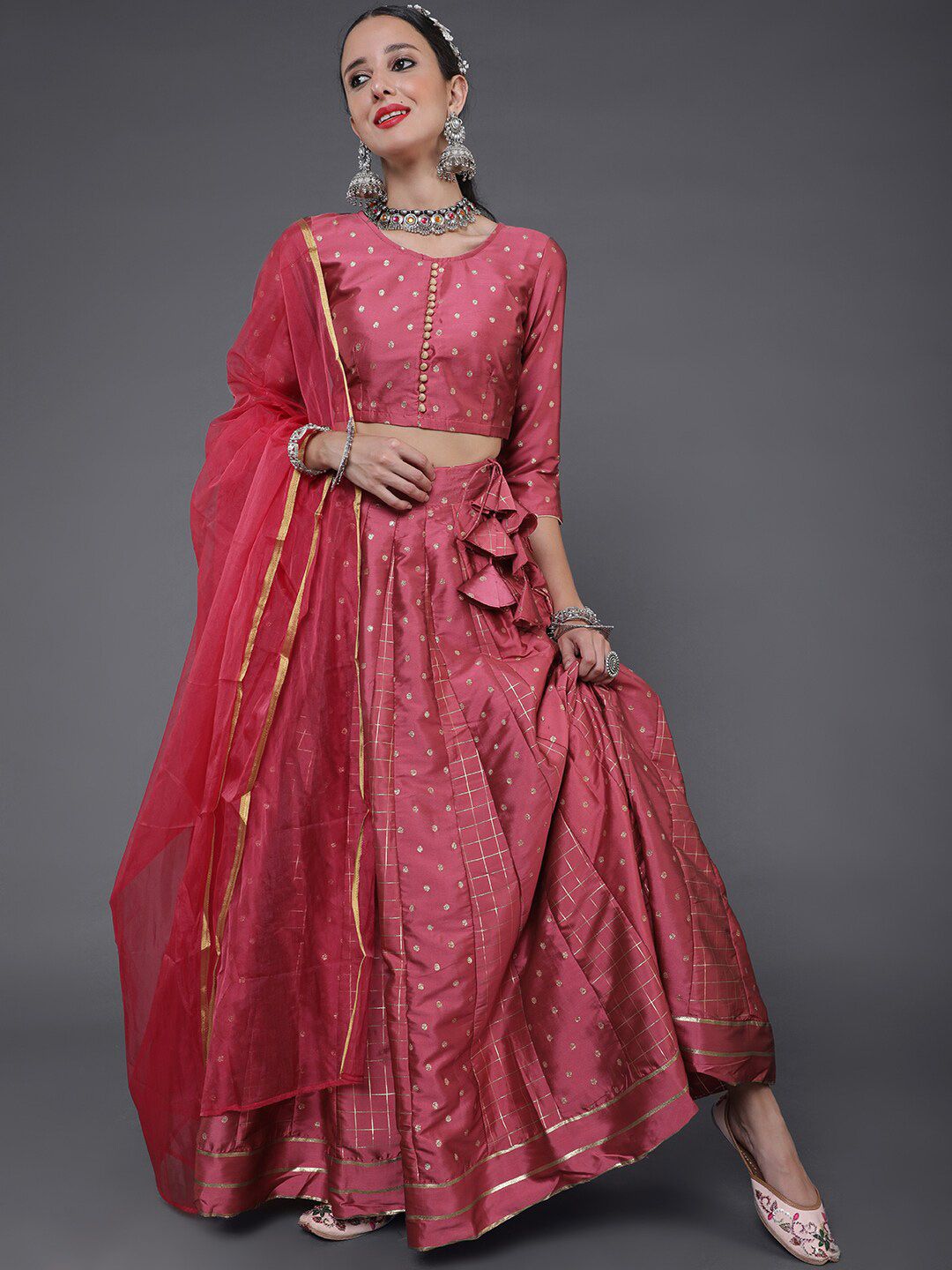 saubhagya Pink & Gold-Toned Ready to Wear Lehenga & Blouse With Dupatta Price in India