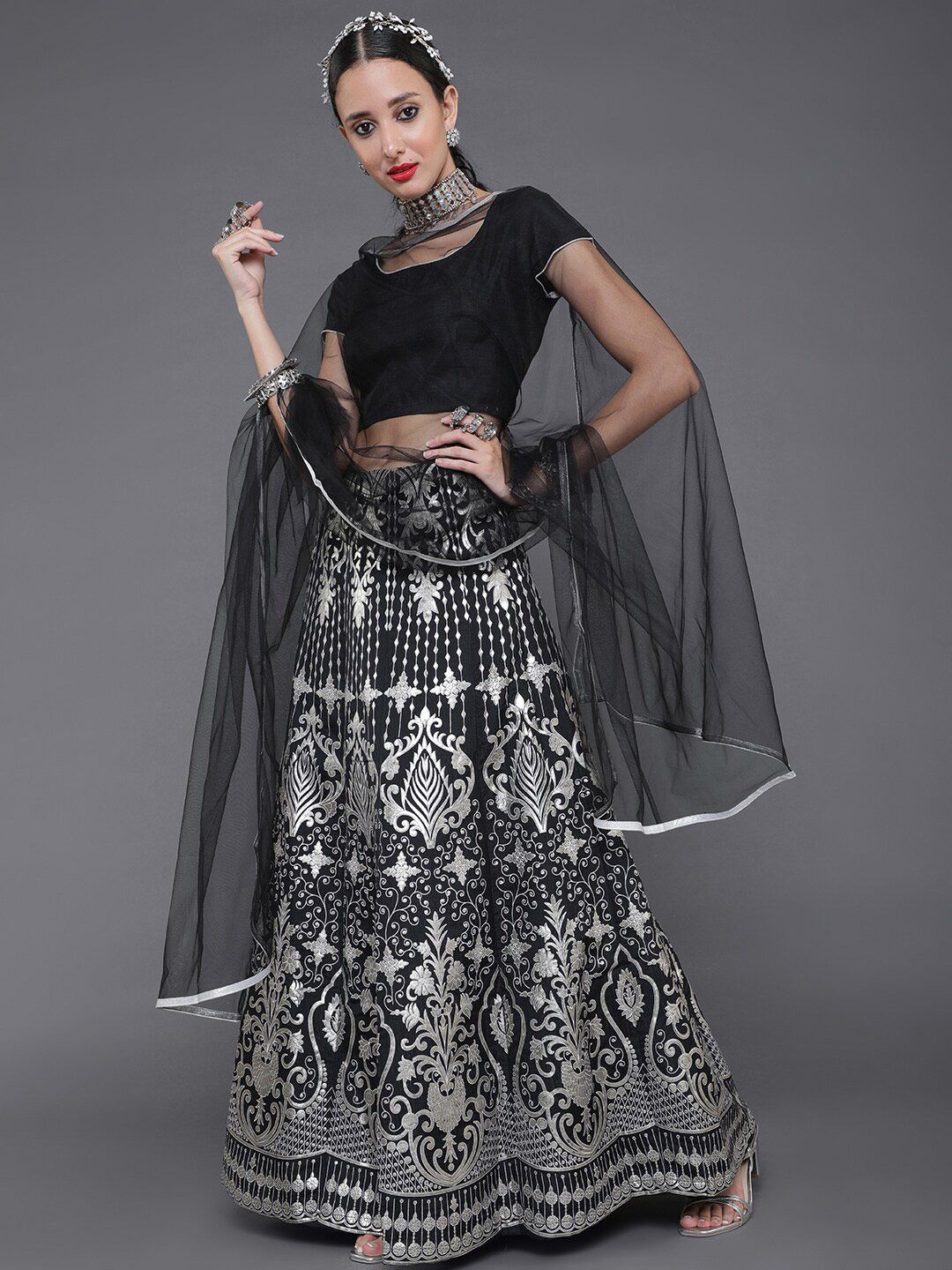 saubhagya Black & White Printed Ready to Wear Lehenga & Blouse With Dupatta Price in India