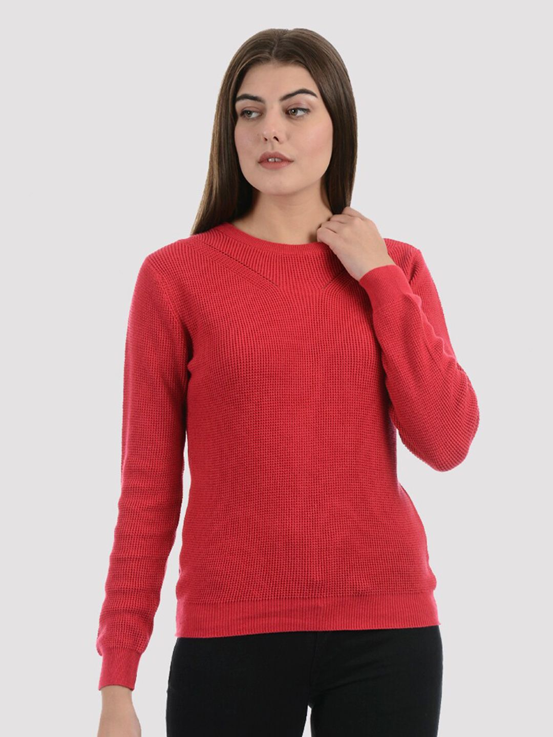 PORTOBELLO Women Red Solid Ribbed Pullover Sweater Price in India