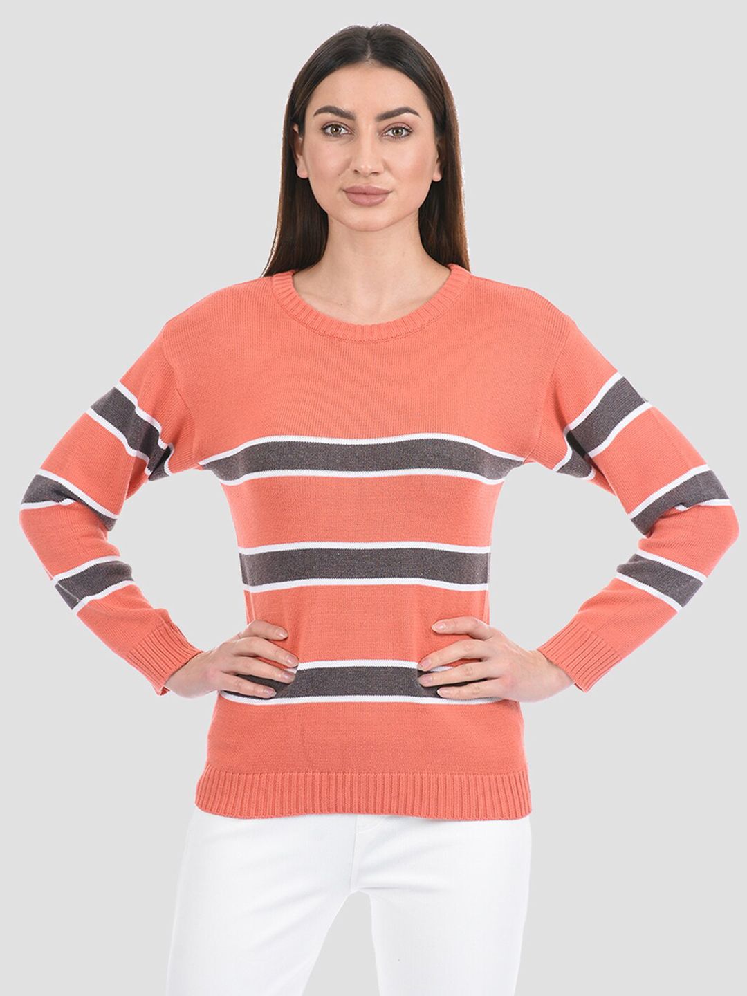 PORTOBELLO Women Peach-Coloured & Black Striped Pullover Price in India
