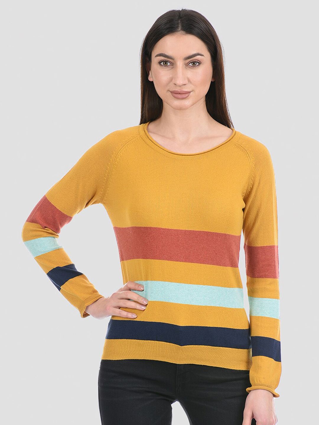 PORTOBELLO Women Yellow & Pink Colourblocked Pullover Price in India