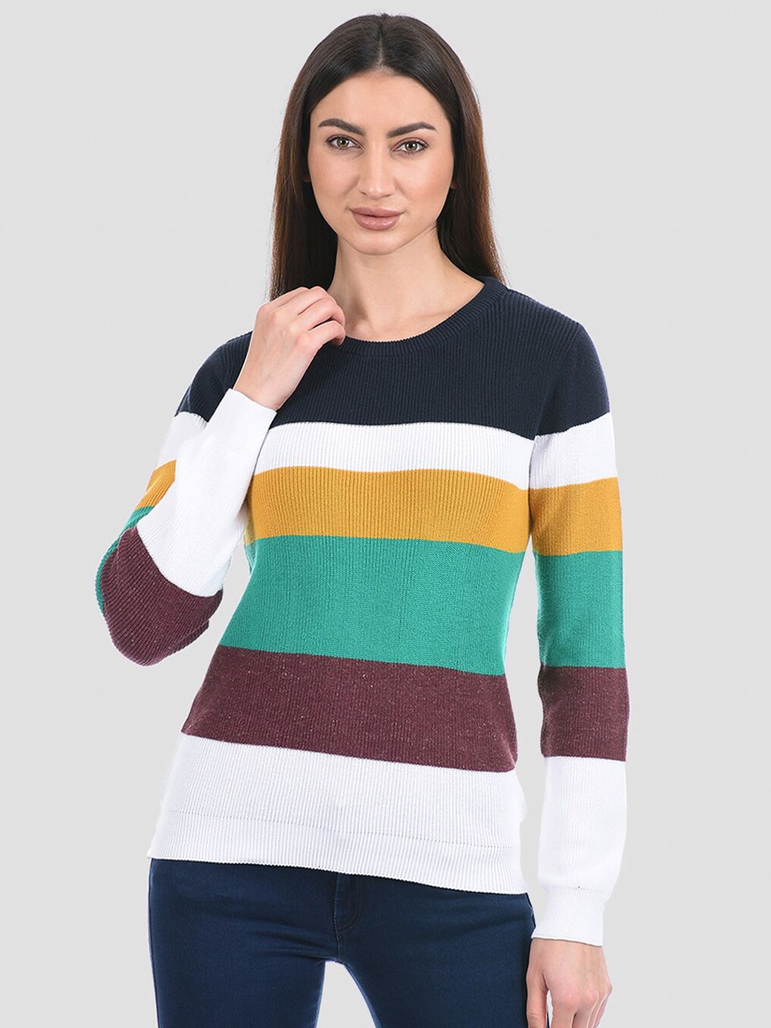 PORTOBELLO Women White & Green Colourblocked Pullover Price in India