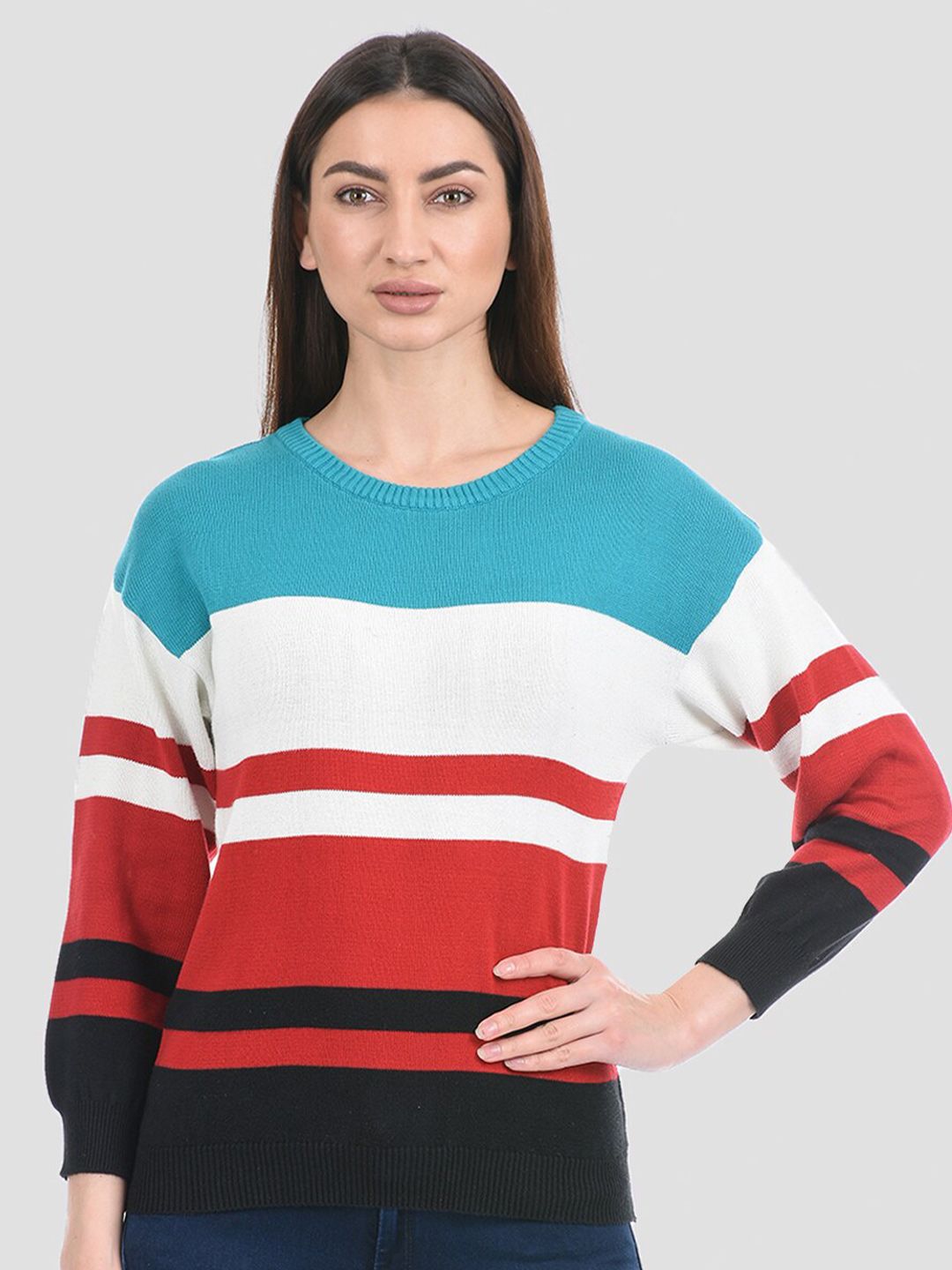 PORTOBELLO Women Blue & White Colourblocked Pullover Price in India