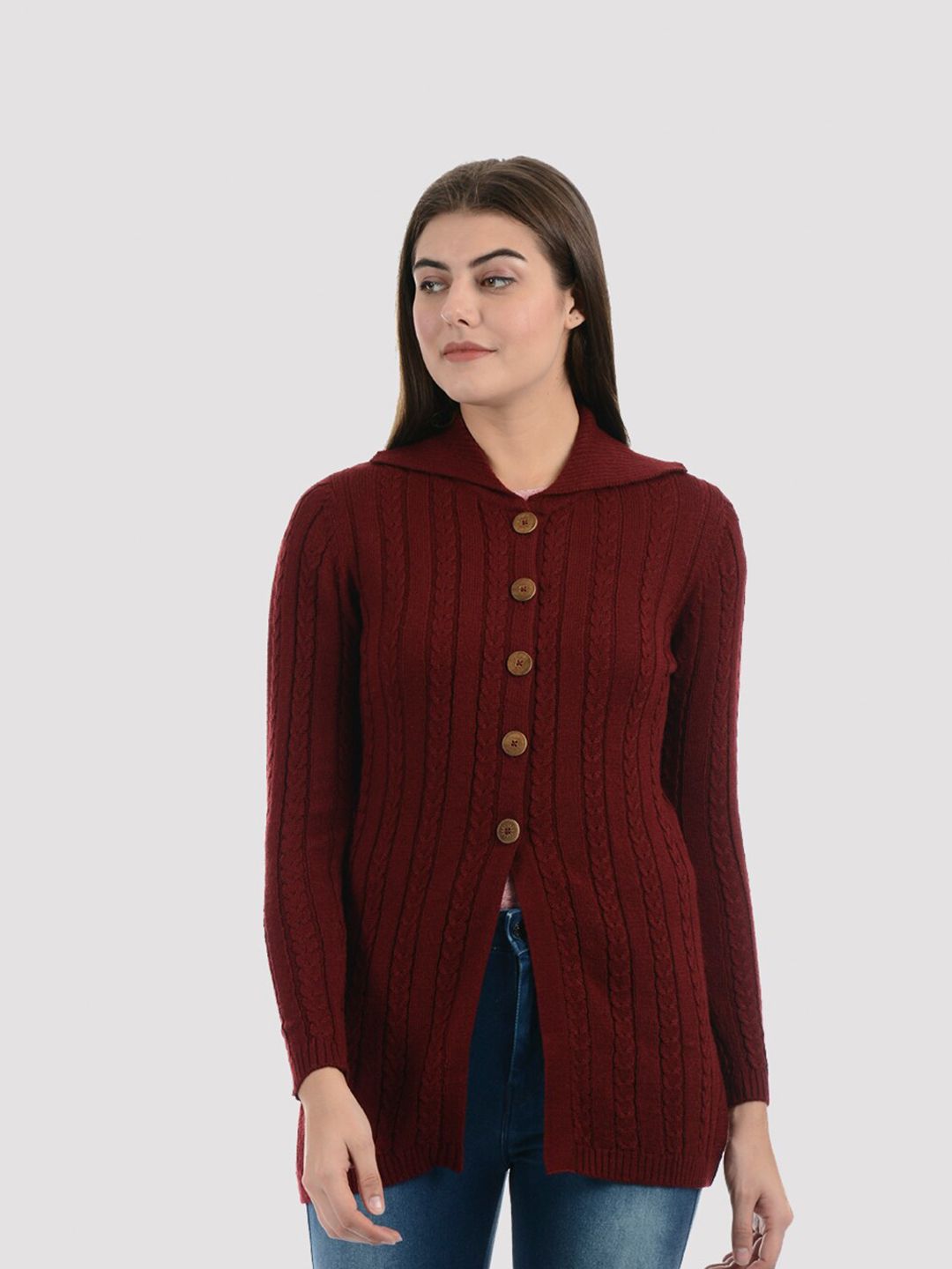 PORTOBELLO Women Maroon Longline Cardigan Price in India