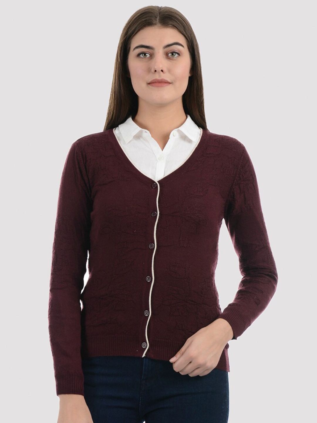 PORTOBELLO Women Burgundy Solid V-Neck Cardigan Price in India