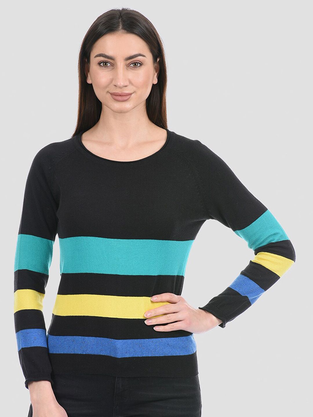 PORTOBELLO Women Black & Blue Colourblocked Pullover Price in India