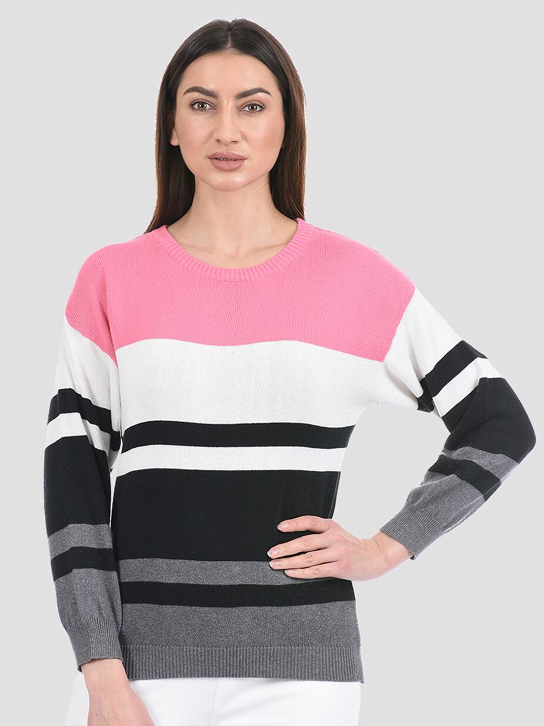 PORTOBELLO Women Pink & White Colourblocked Pullover Sweater Price in India