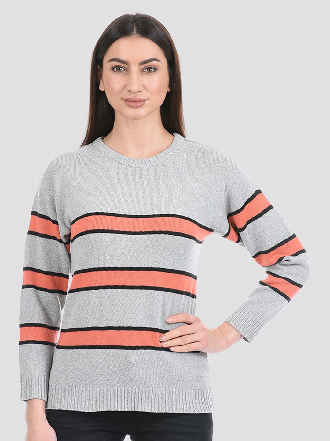 PORTOBELLO Women Grey & Orange Striped Pullover Price in India