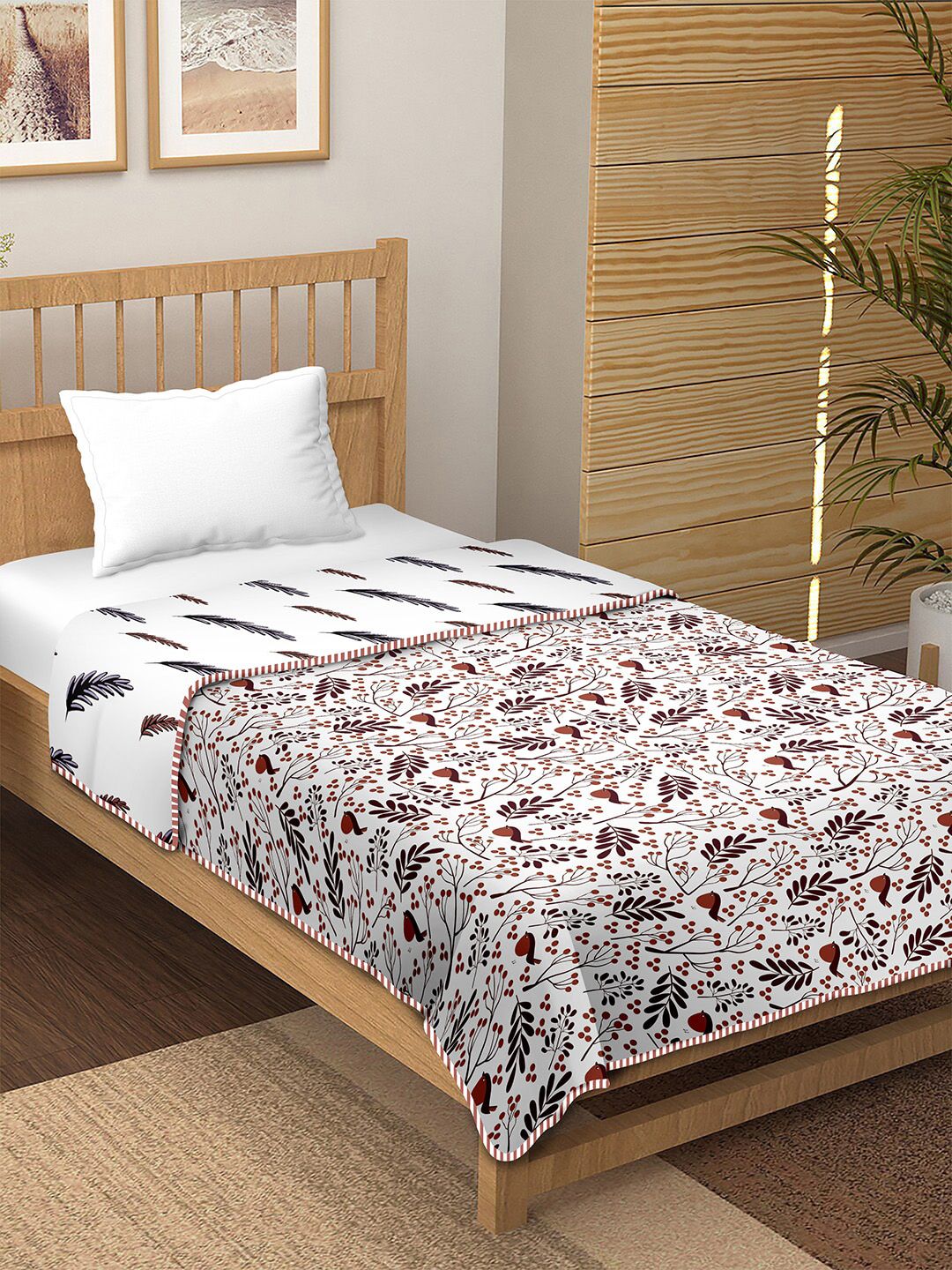 BELLA CASA Brown & White Floral Summer 150 GSM Single Bed Dohar Price in India