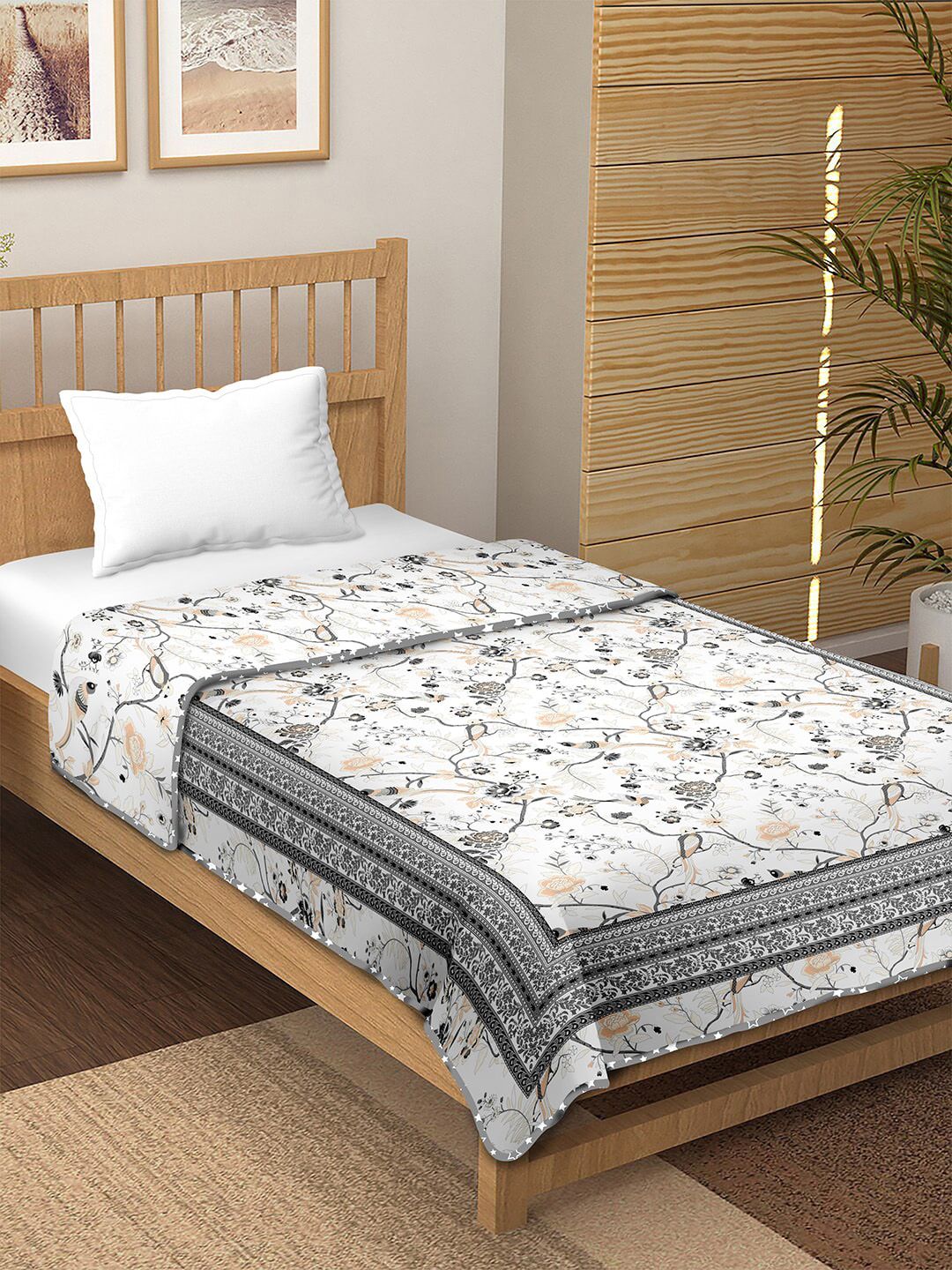 BELLA CASA White & Grey Floral Summer 150 GSM Single Bed Dohar Price in India