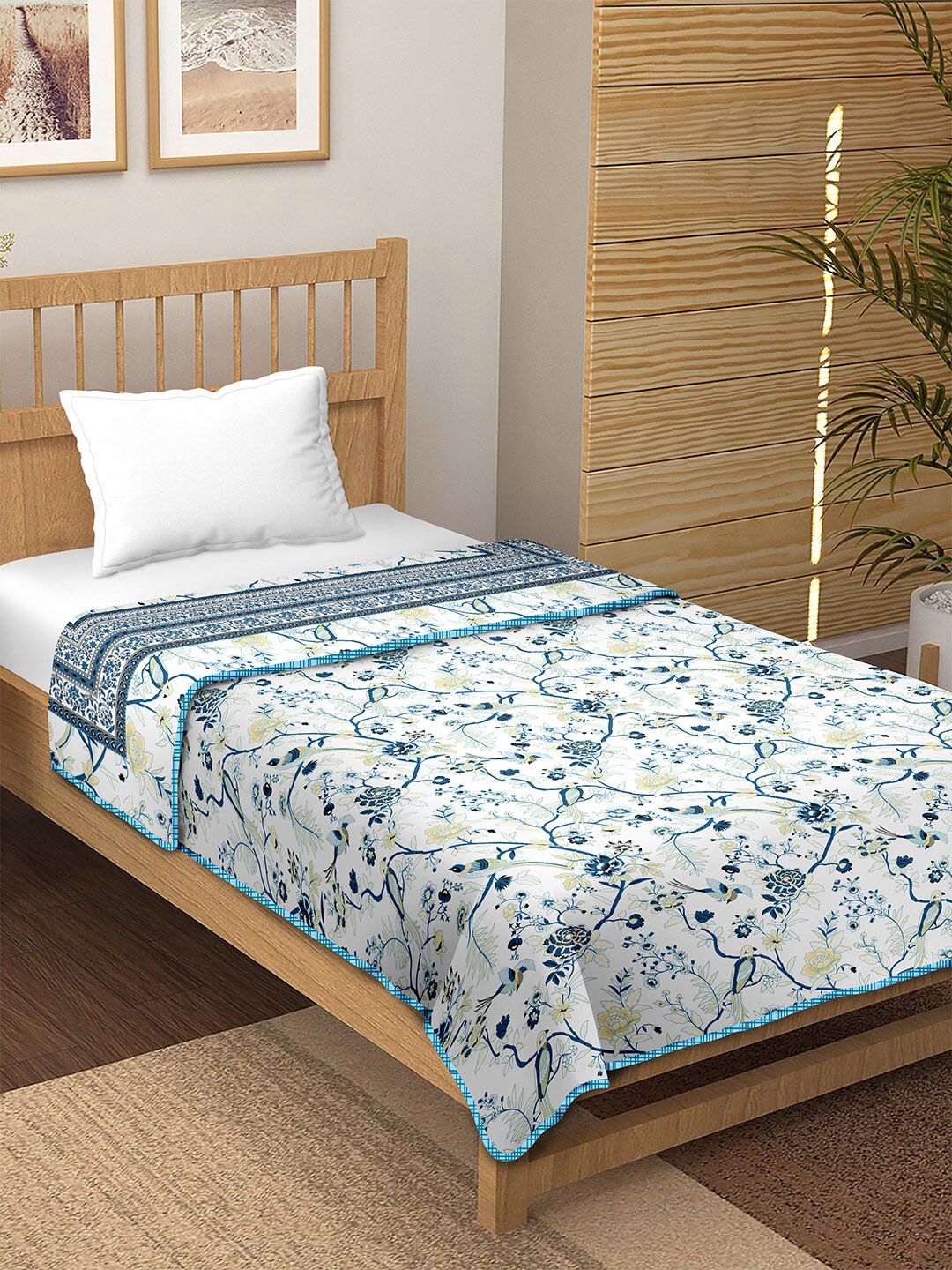 BELLA CASA White & Blue Floral Summer 150 GSM Single Bed Dohar Price in India