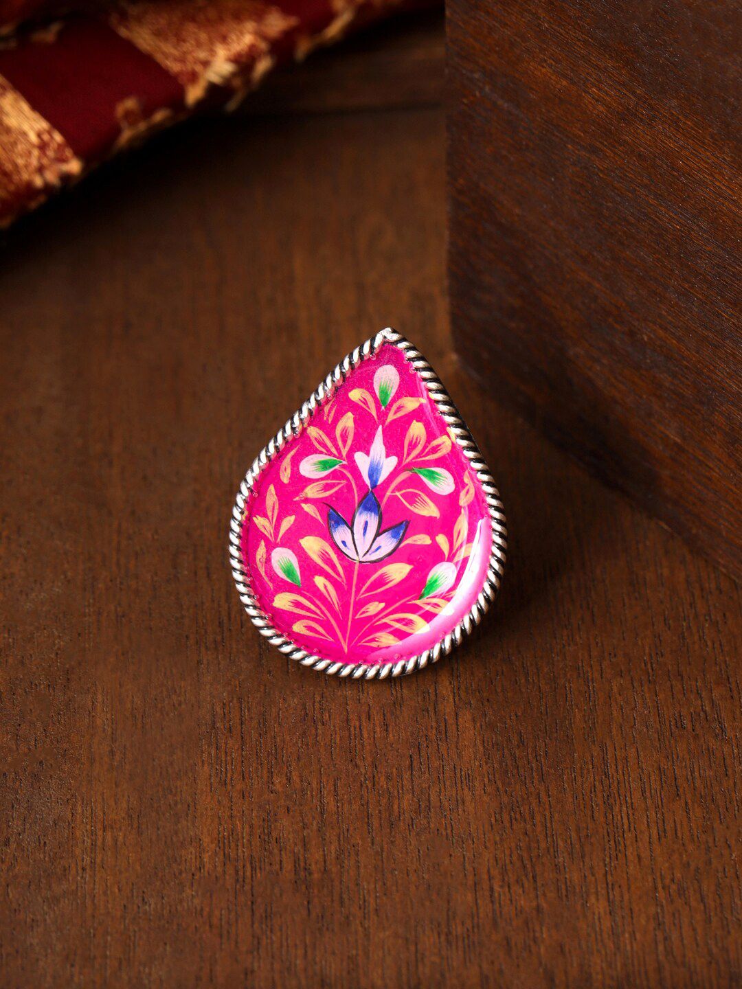 Yellow Chimes Pink Meenakari Hand Painted Oxidized Silver Ring Price in India