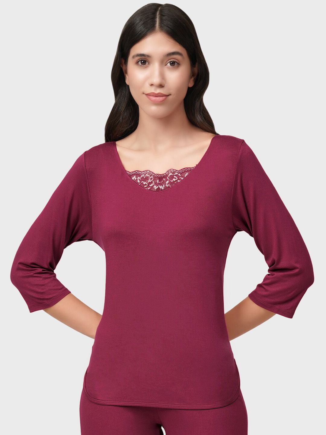 Amante Women Burgundy Solid Lace Touch Lounge T-shirt Price in India