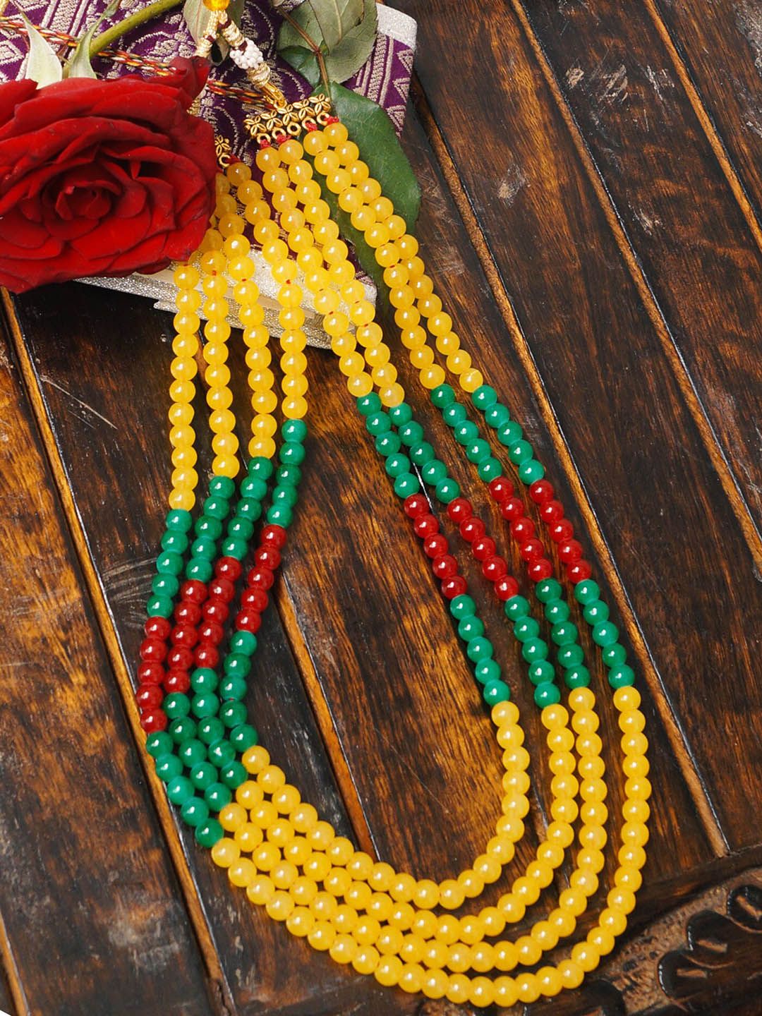 Unnati Silks Yellow & Green Gold-Plated Layered Necklace Price in India