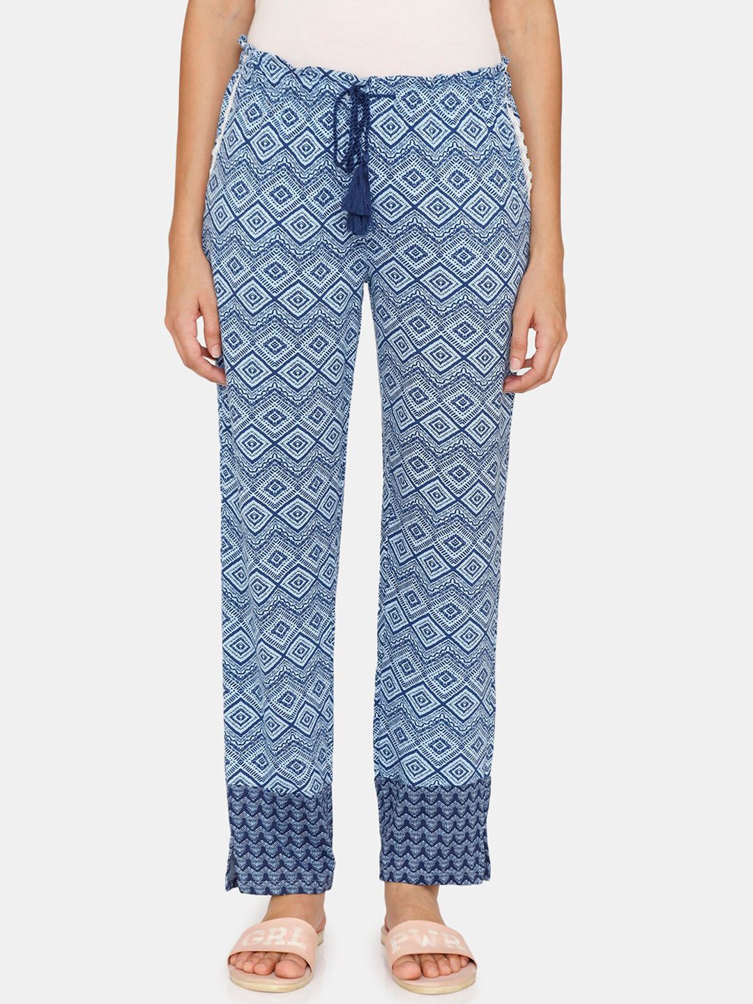 Zivame Women Blue Batik Printed Knitted Pyjamas Price in India