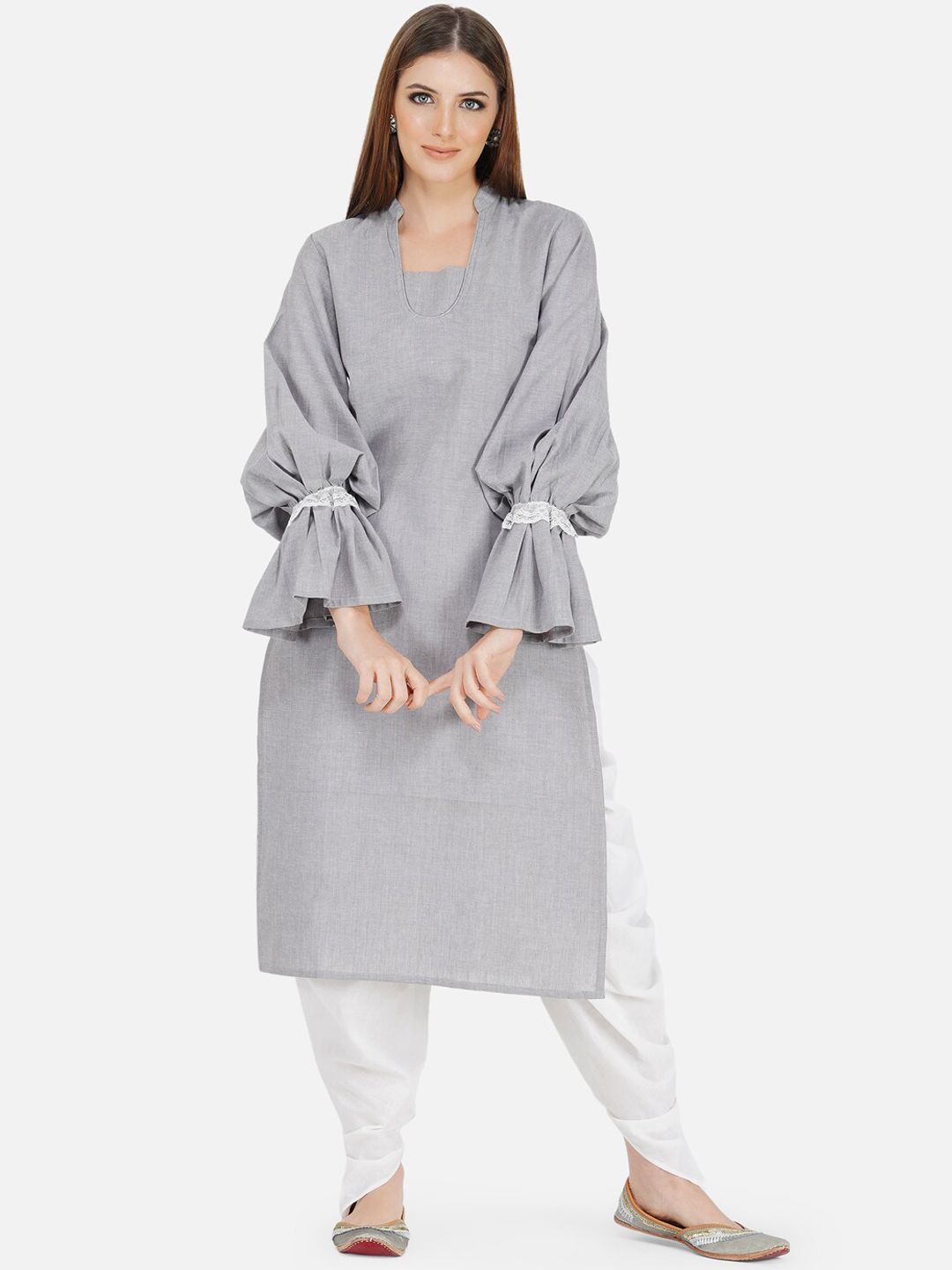 FABNEST Women Grey Flared Sleeves Thread Work Kurta Price in India