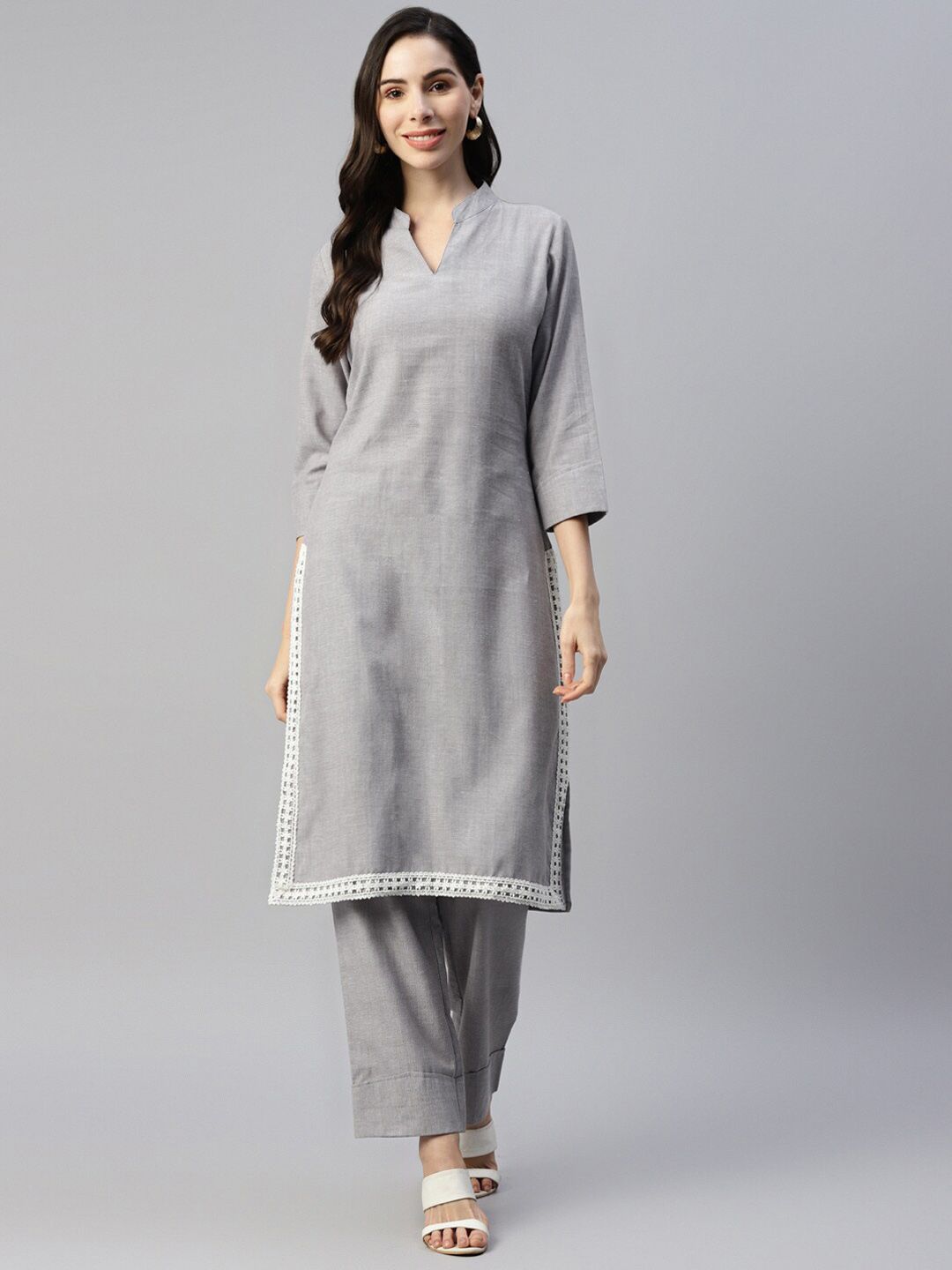 FABNEST Women Grey Thread Work Kurta Price in India