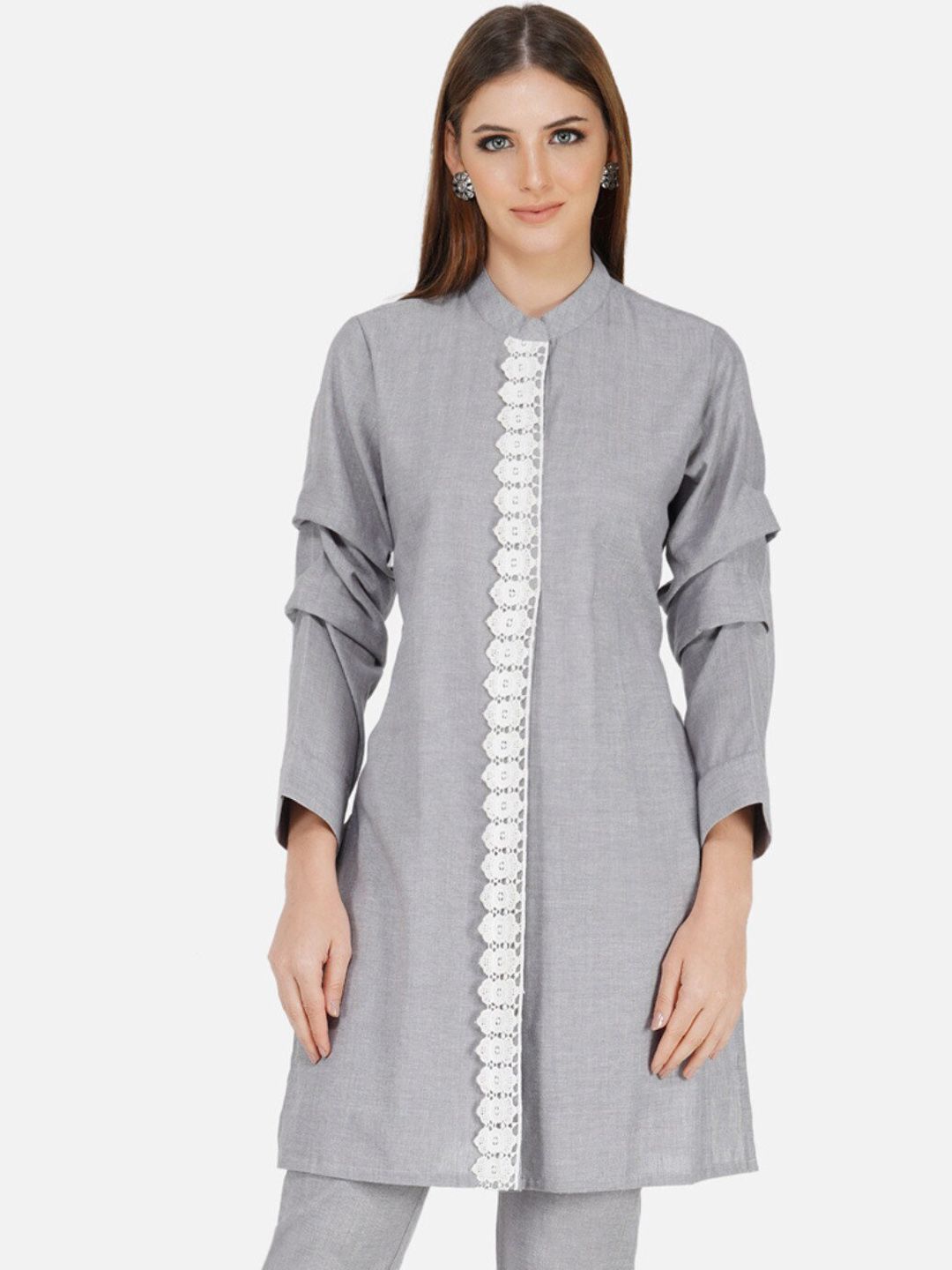 FABNEST Women Grey Thread Work Kaftan Kurta Price in India