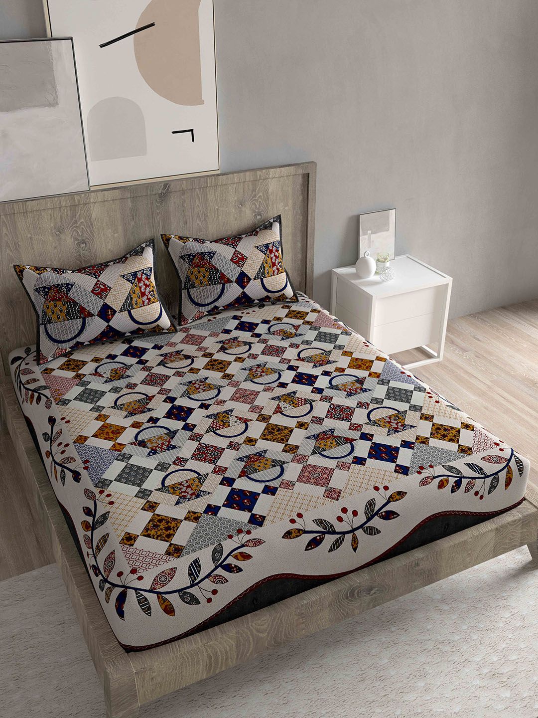 Spangle Blue & Brown Ethnic Motifs 260 TC King Bedsheet With 2 Pillow Covers Price in India