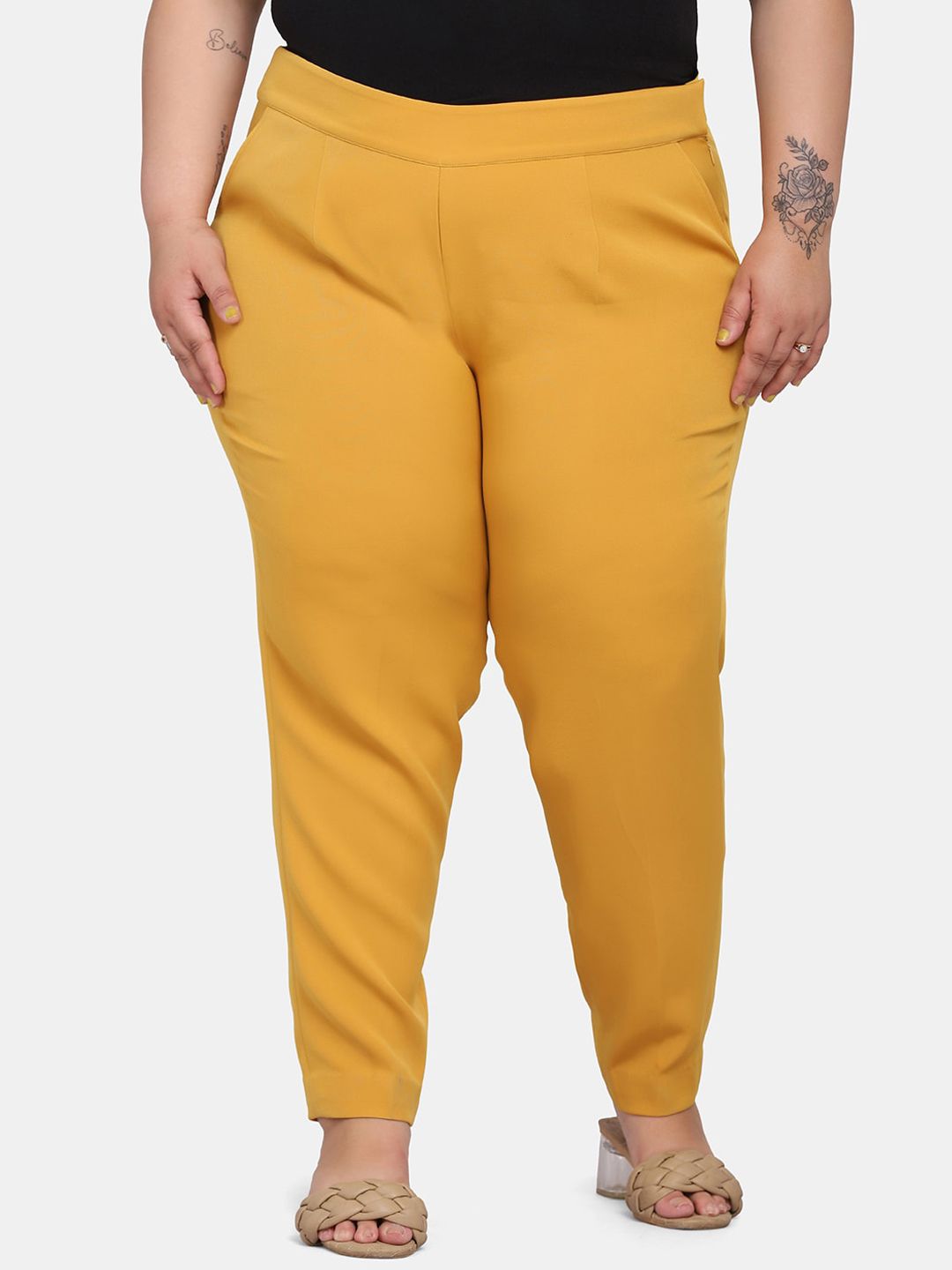 PowerSutra Plus Size Women Mustard Yellow Slim Fit Trousers Price in India