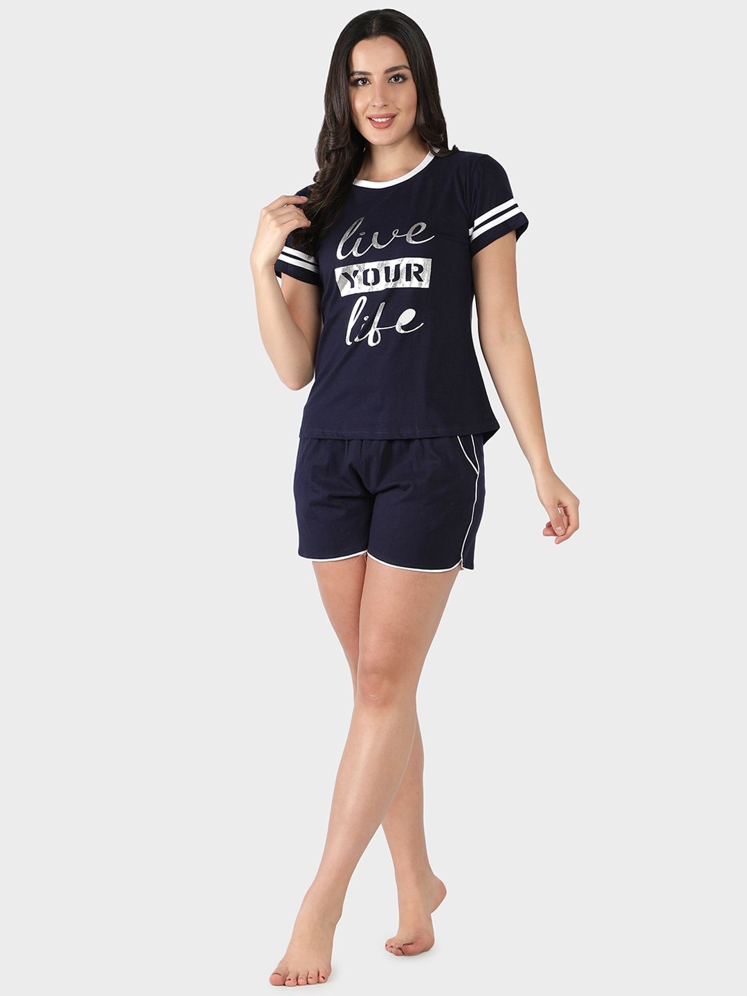 SEPHANI Women Navy Blue Printed Pure Cotton Shorts Night suit Price in India