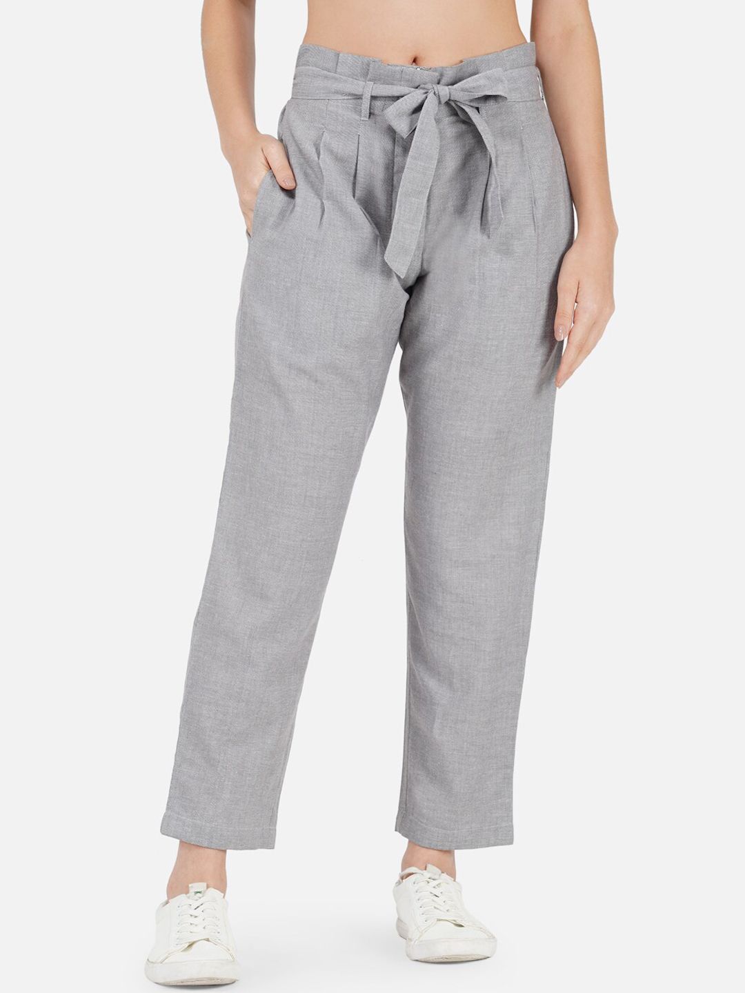 FABNEST Women Grey Relaxed Pleated Trousers Price in India