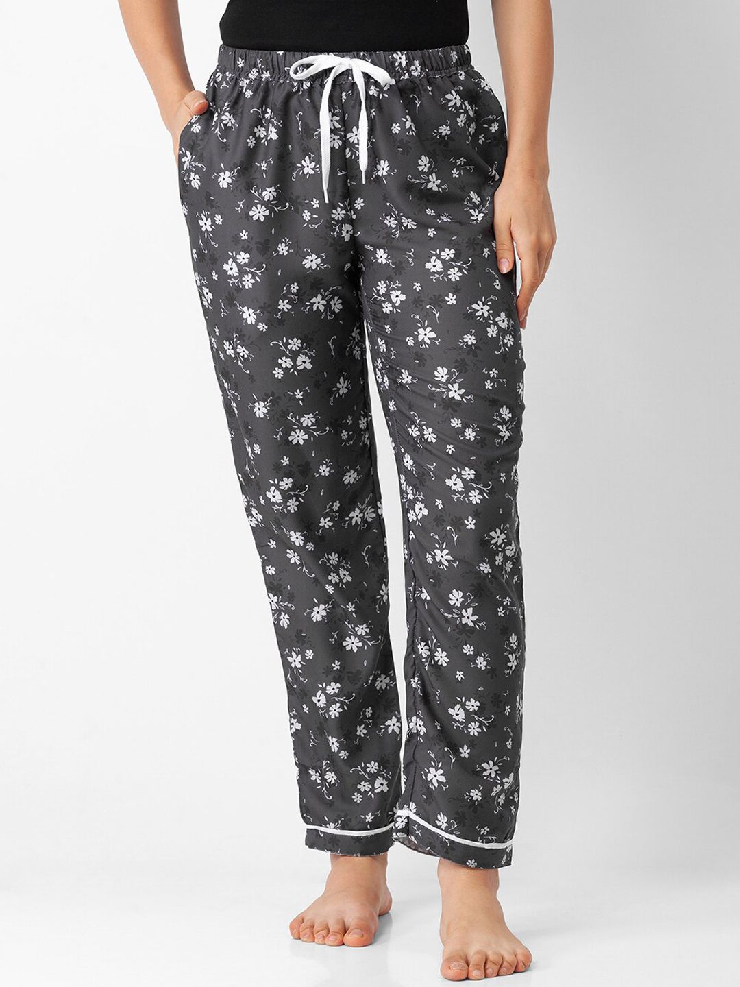 NOIRA Women Grey Floral Printed Cotton Lounge Pants 151A_PY_Grey Flora Bunch_NO-Grey Price in India