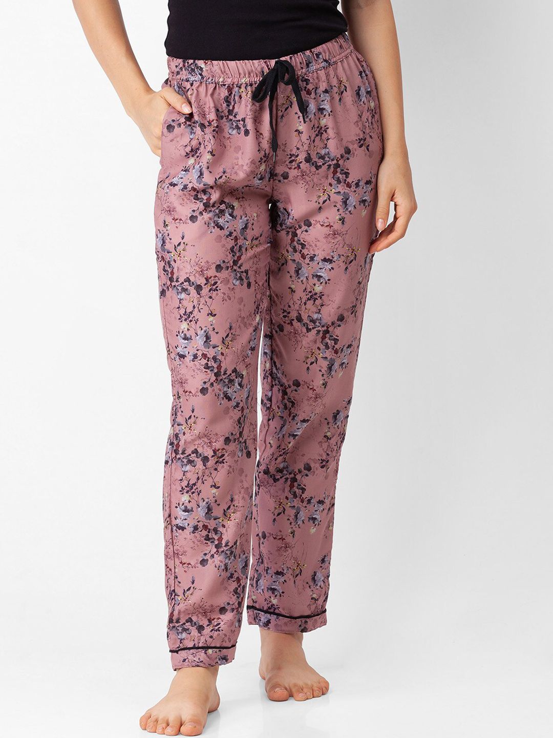 NOIRA Women Peach & Brown Floral Printed Lounge Pants Price in India