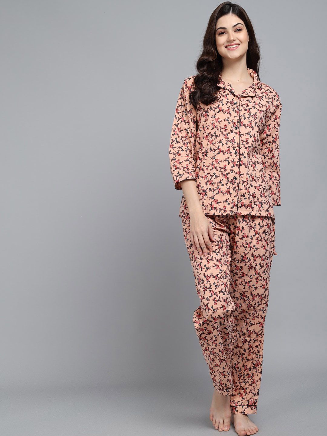 SEPHANI Women Peach-Coloured & Black Printed Night suit Price in India