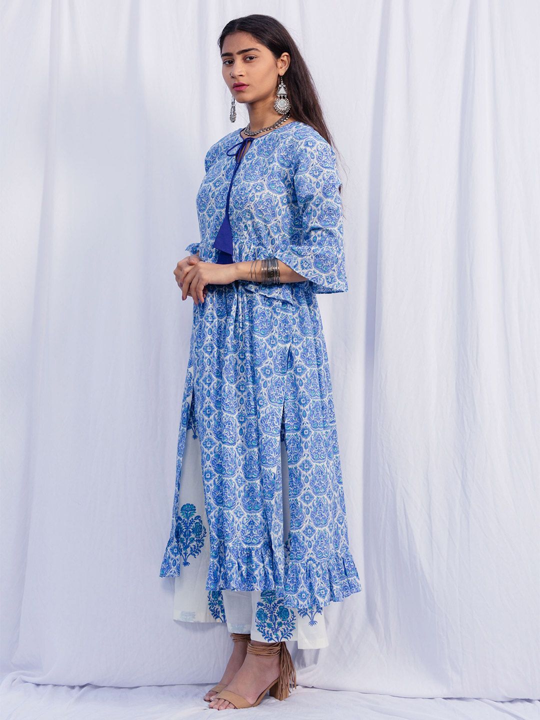 SHRINKHLA Women Blue & White Ethnic Motifs Printed Flared Sleeves Block Print Kurta Price in India