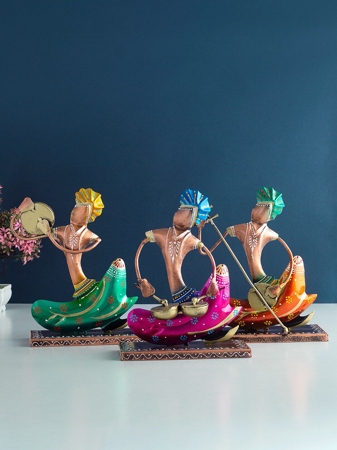 Golden Peacock Set Of 3 Multi-Colored Musician Decorative Showpieces Price in India