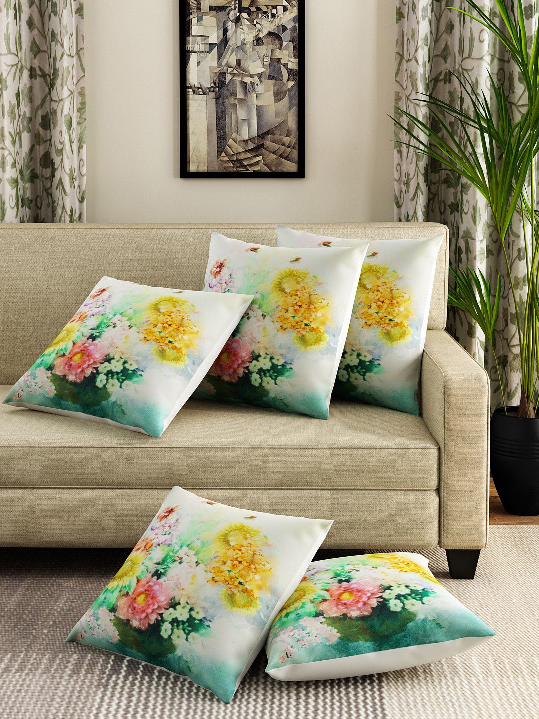 Swayam Multicoloured Set of 5 Printed 16" x 16" Square Cushion Covers Price in India
