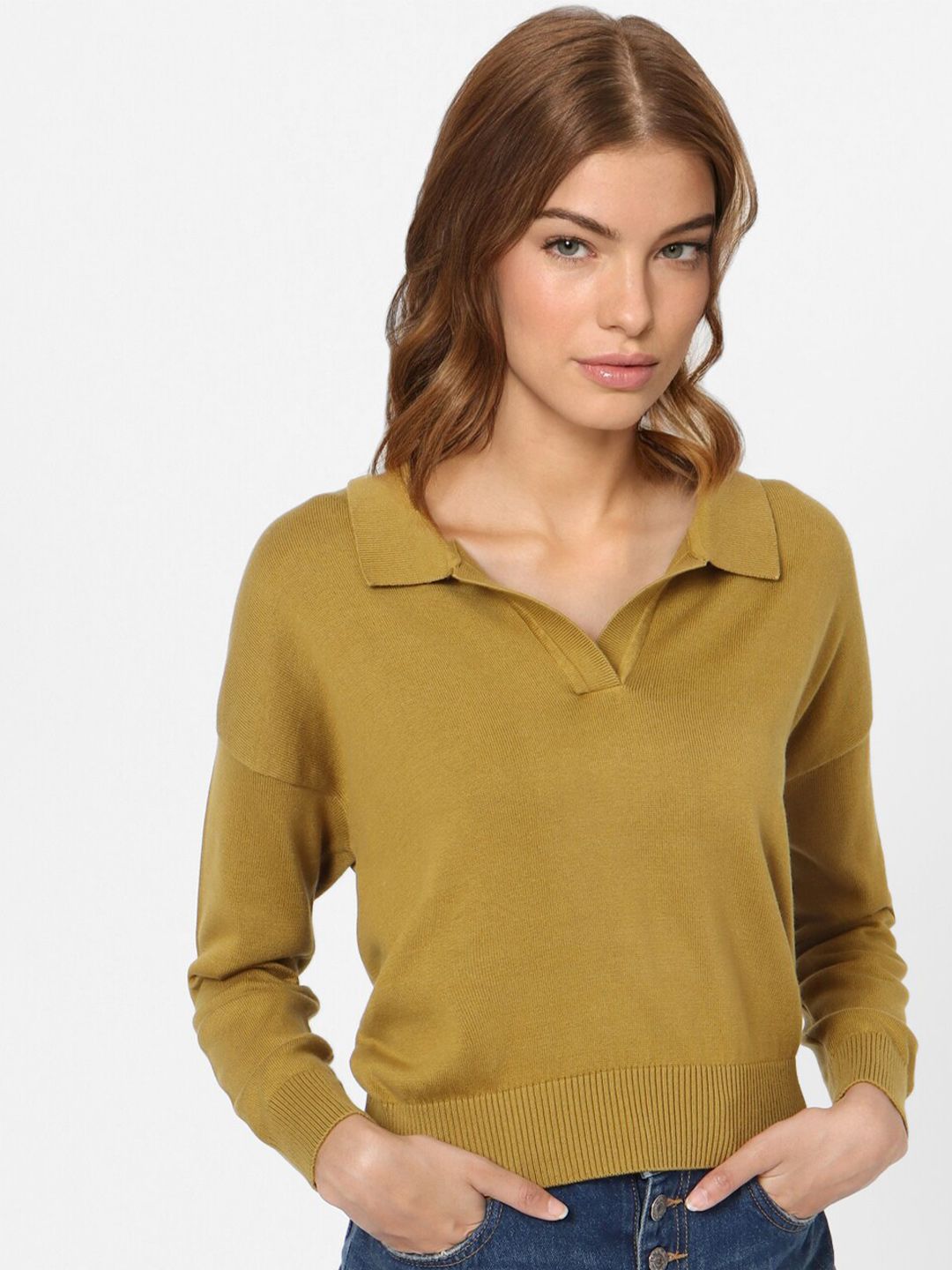 ONLY Women Olive Green Solid Cotton Pullover Price in India