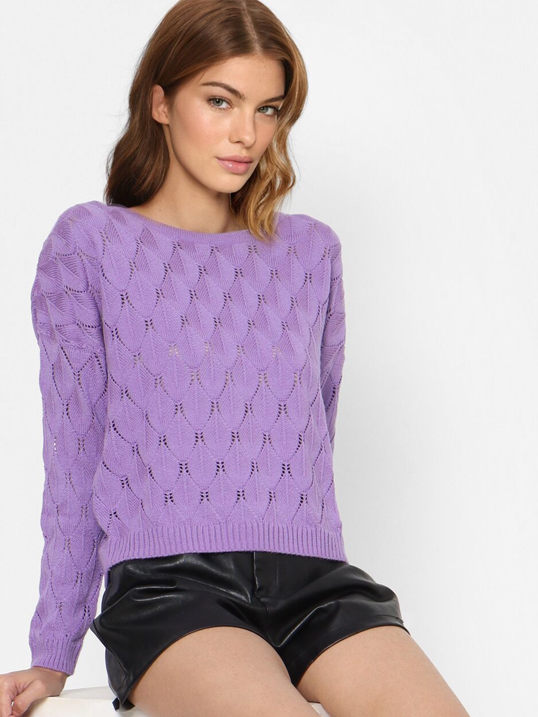 ONLY Women Purple Self Design Crop Cardigan Price in India