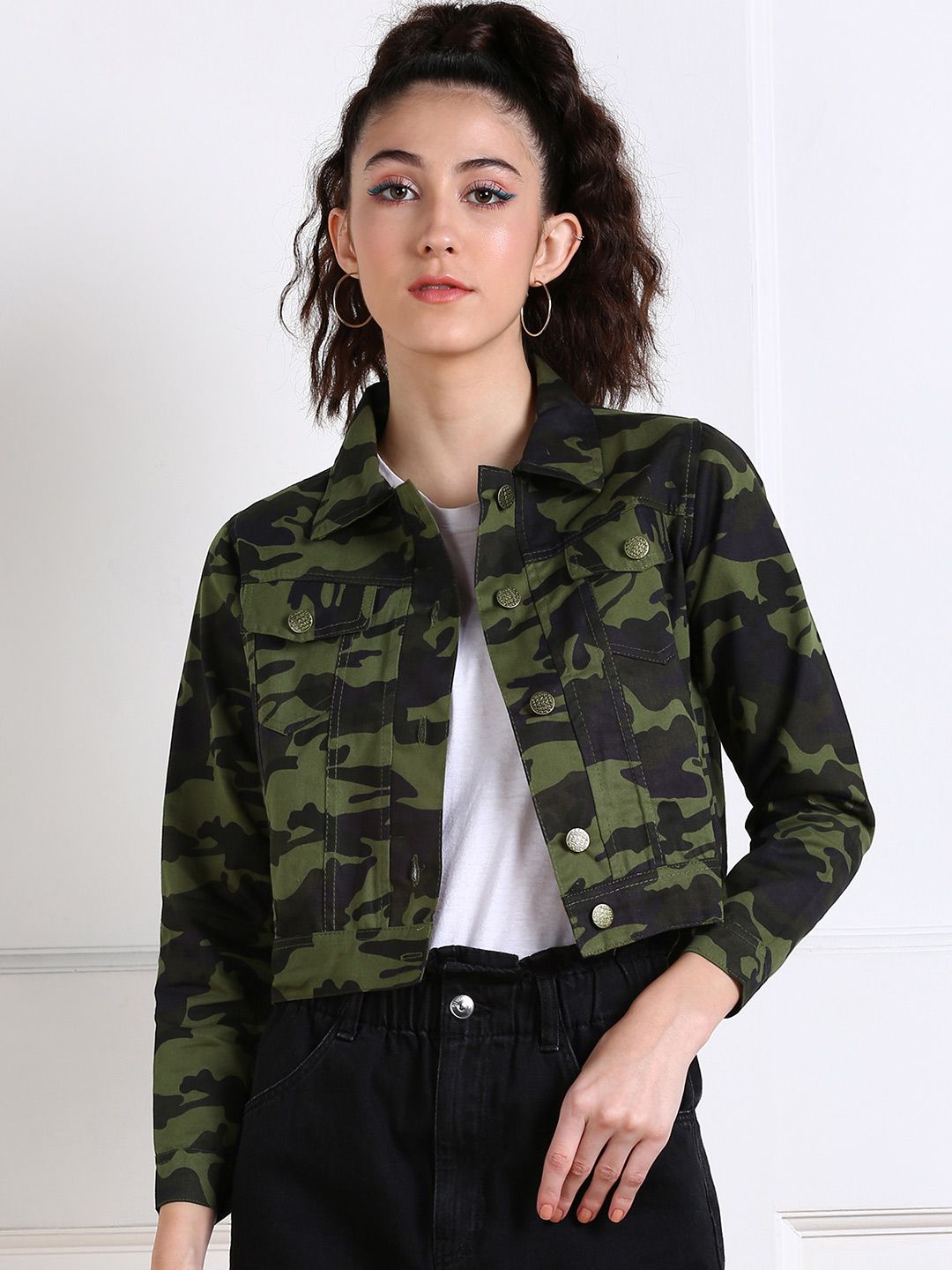 MONTREZ Women Multicoloured Camouflage Crop Tailored Jacket Price in India