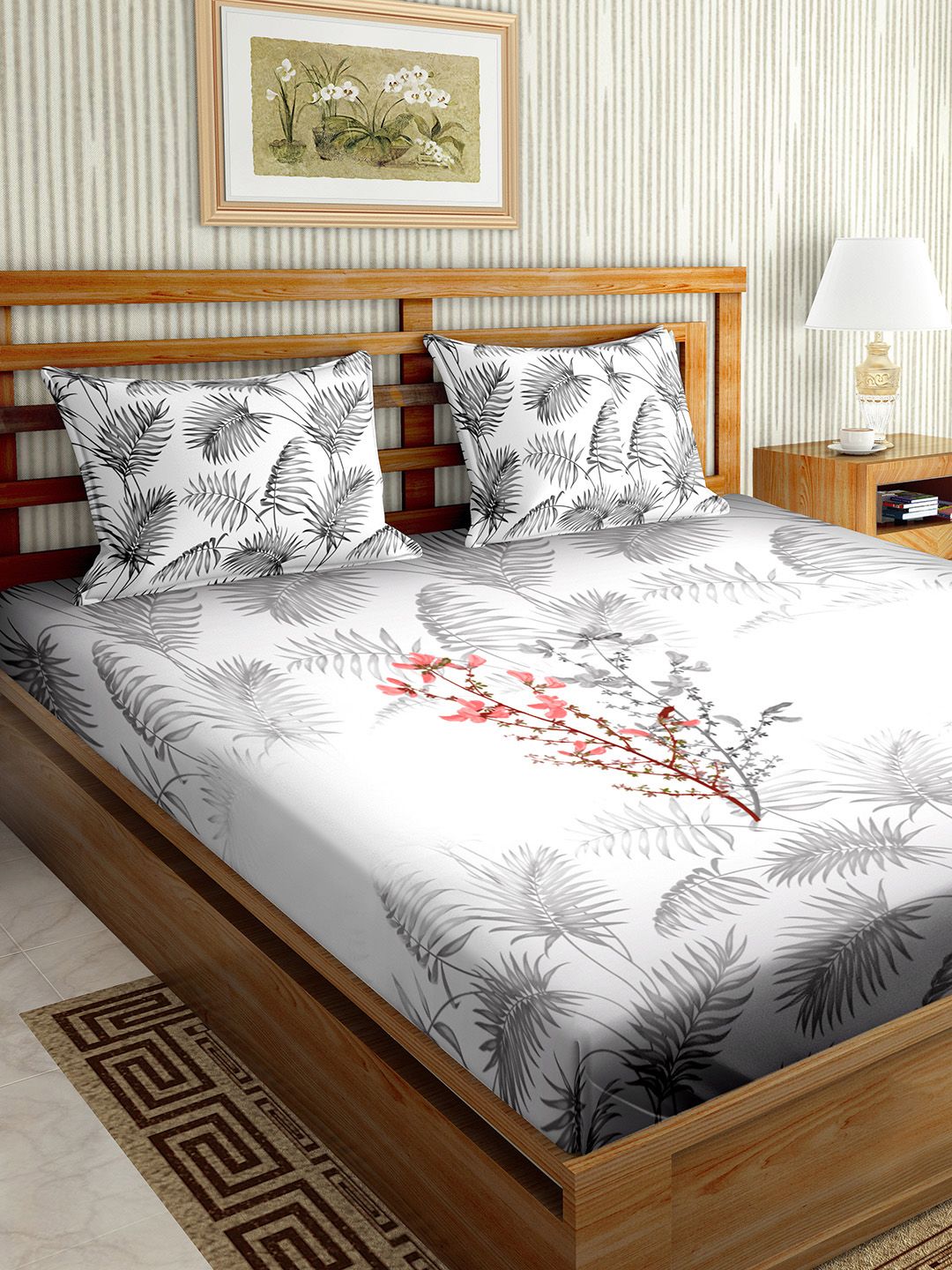 BELLA CASA Grey & White Floral 210 TC King Bedsheet with 2 Pillow Covers Price in India