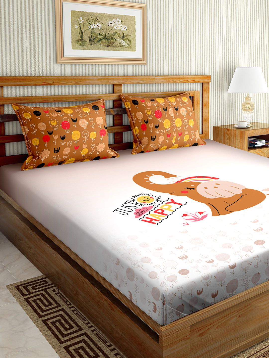 BELLA CASA Brown & White Cartoon Characters 210 TC King Bedsheet with 2 Pillow Covers Price in India