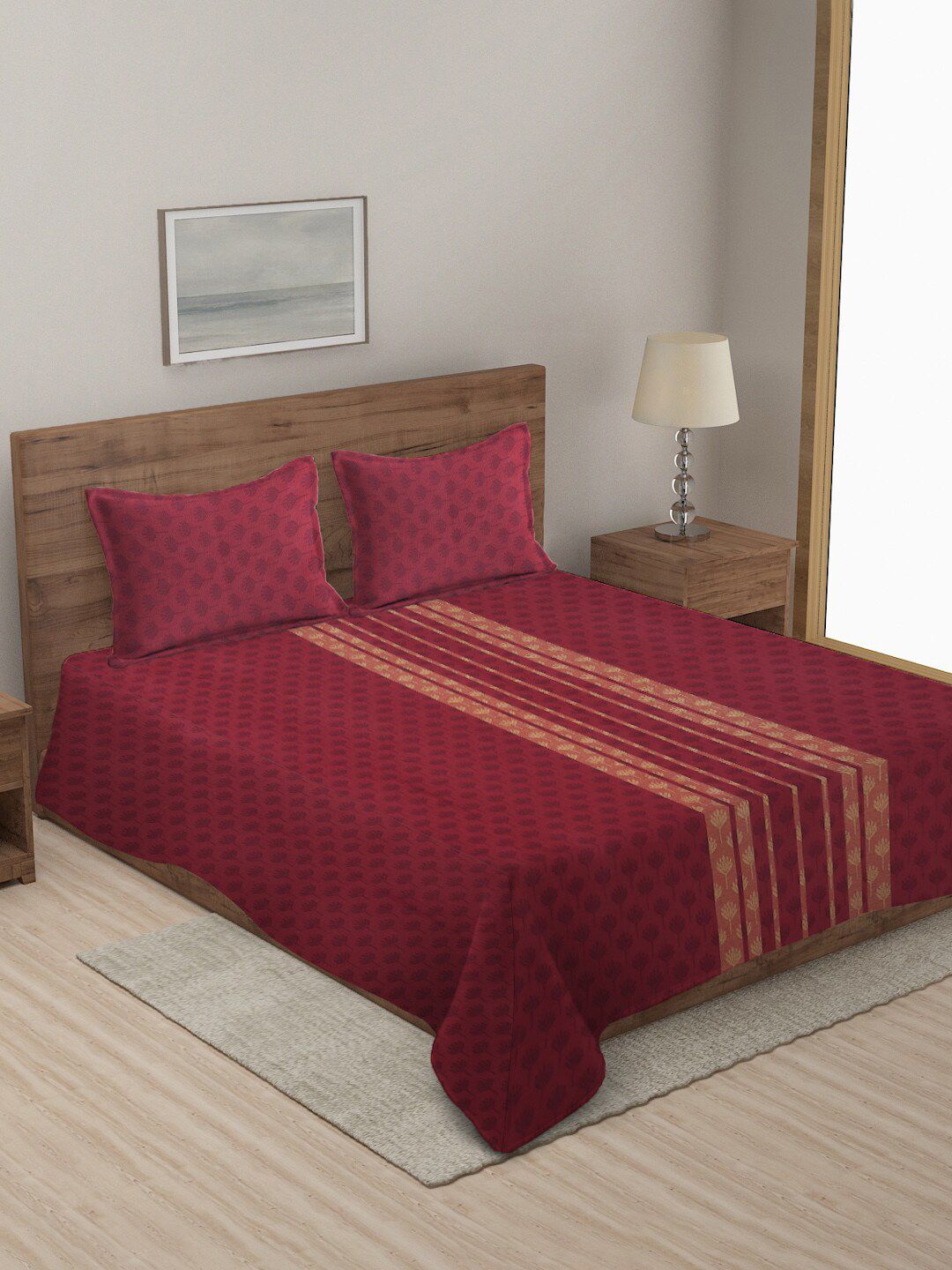 KLOTTHE Maroon Woven Design Pure Cotton Double King Bed Cover With 2 Pillow Covers Price in India