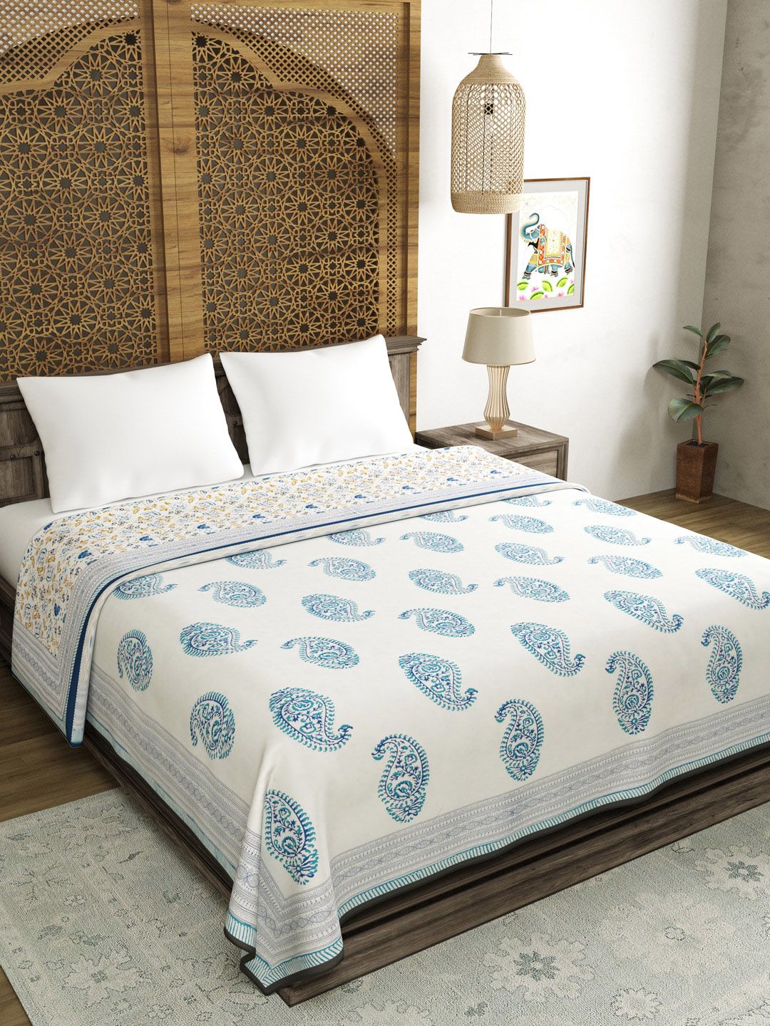 BLOCKS OF INDIA Blue & White Ethnic Motifs AC Room 150 GSM Double Bed Dohar Price in India