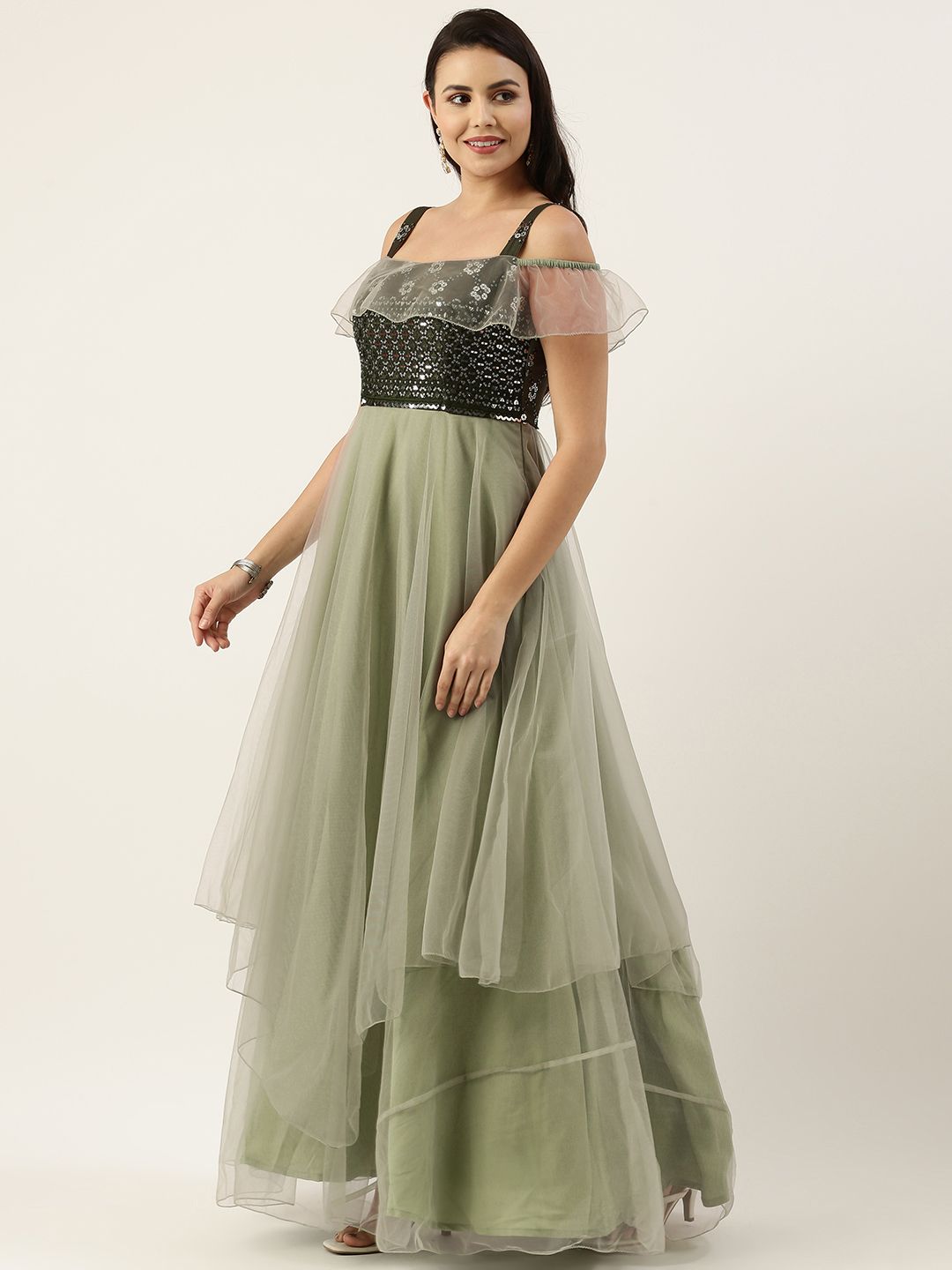Ethnovog Green Embellished Net Layered Net Maxi Dress Price in India