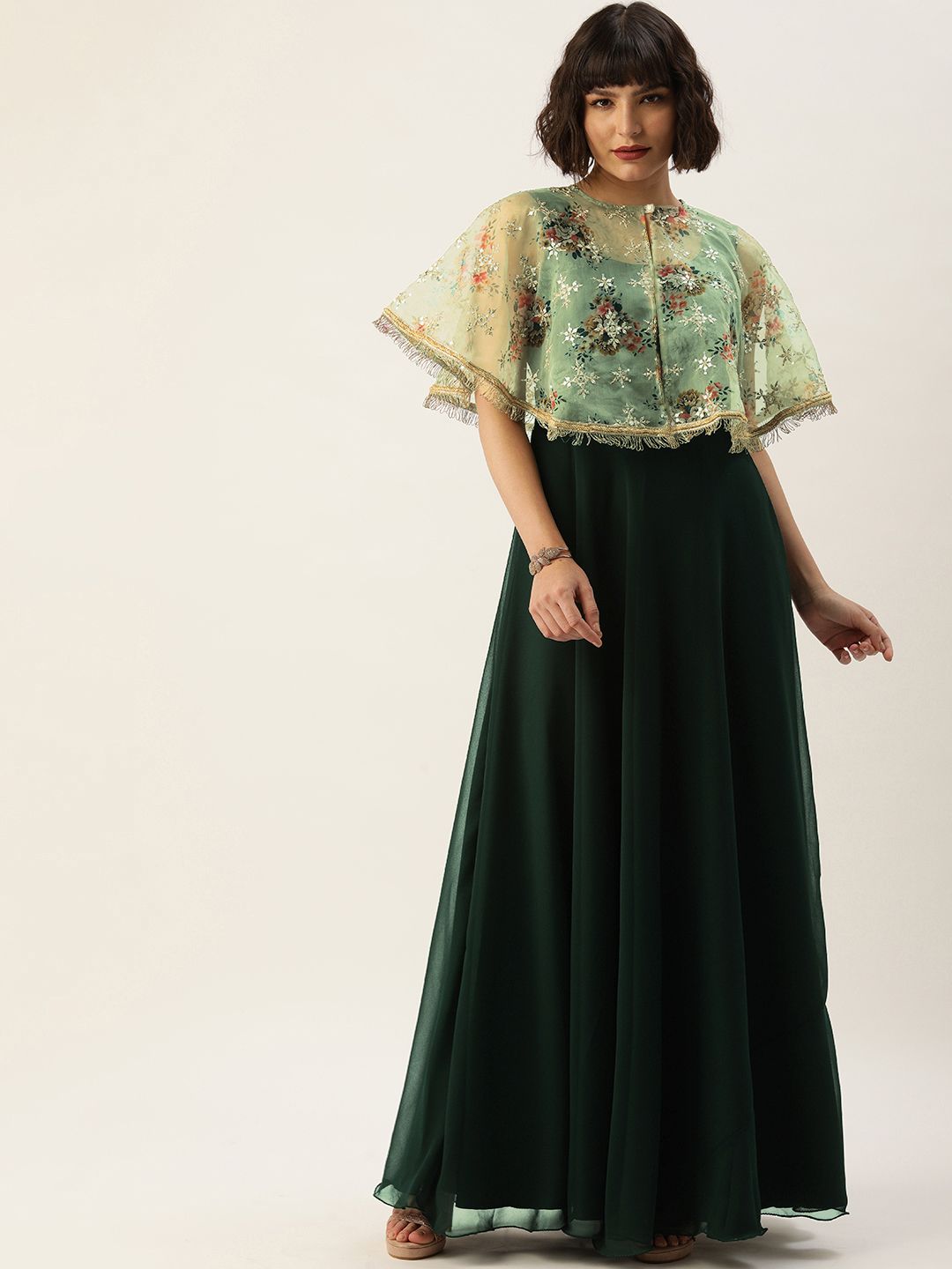 EthnoVogue Green Made To Measure Maxi Dress With Organza Cape Price in India