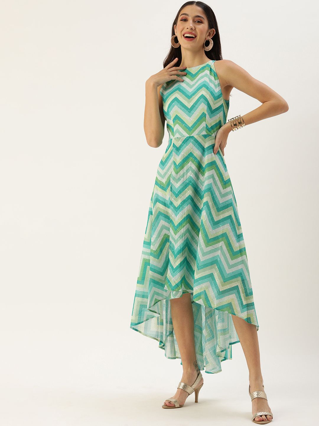 EthnoVogue Green & White Made To Measure Chevron Printed A-Line Maxi Dress Price in India