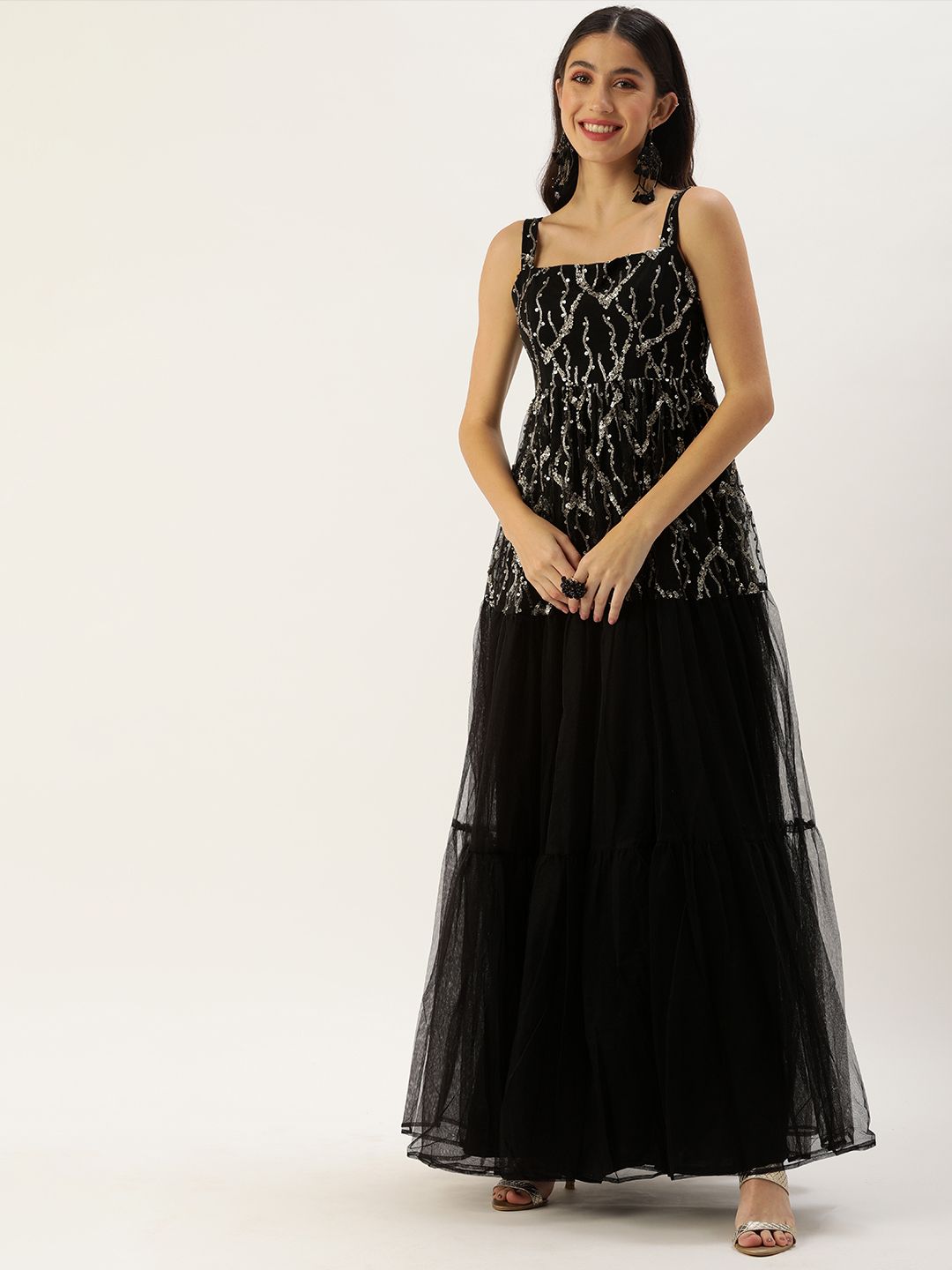 EthnoVogue Black Made To Measure Ethnic Motifs Embellished Net A-Line Maxi Dress Price in India