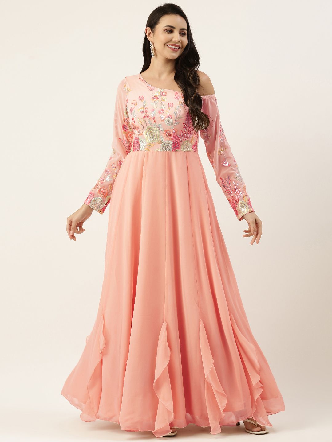 EthnoVogue Peach-Coloured Floral Embroidered Off-Shoulder Georgette Maxi Dress Price in India