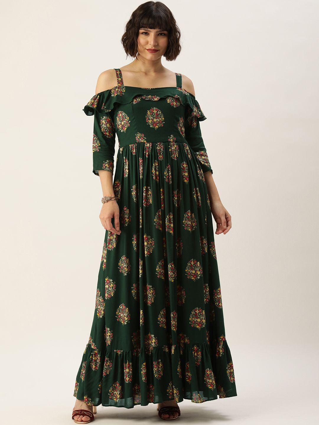 EthnoVogue Green & Red Ethnic Motifs Made To Measure A-Line Maxi Dress Price in India