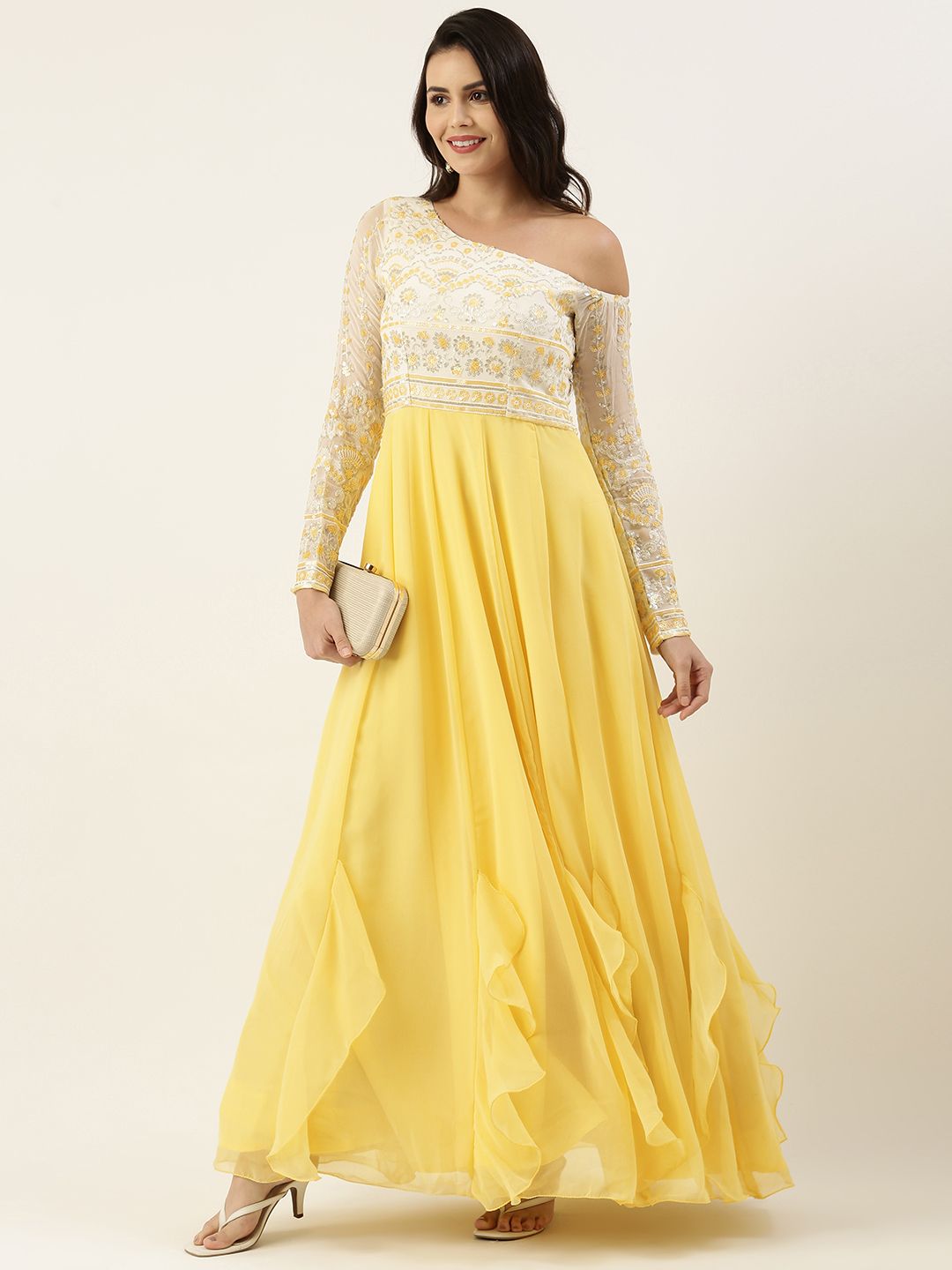EthnoVogue White & Yellow Floral Embroidered Off-Shoulder Georgette Maxi Dress Price in India